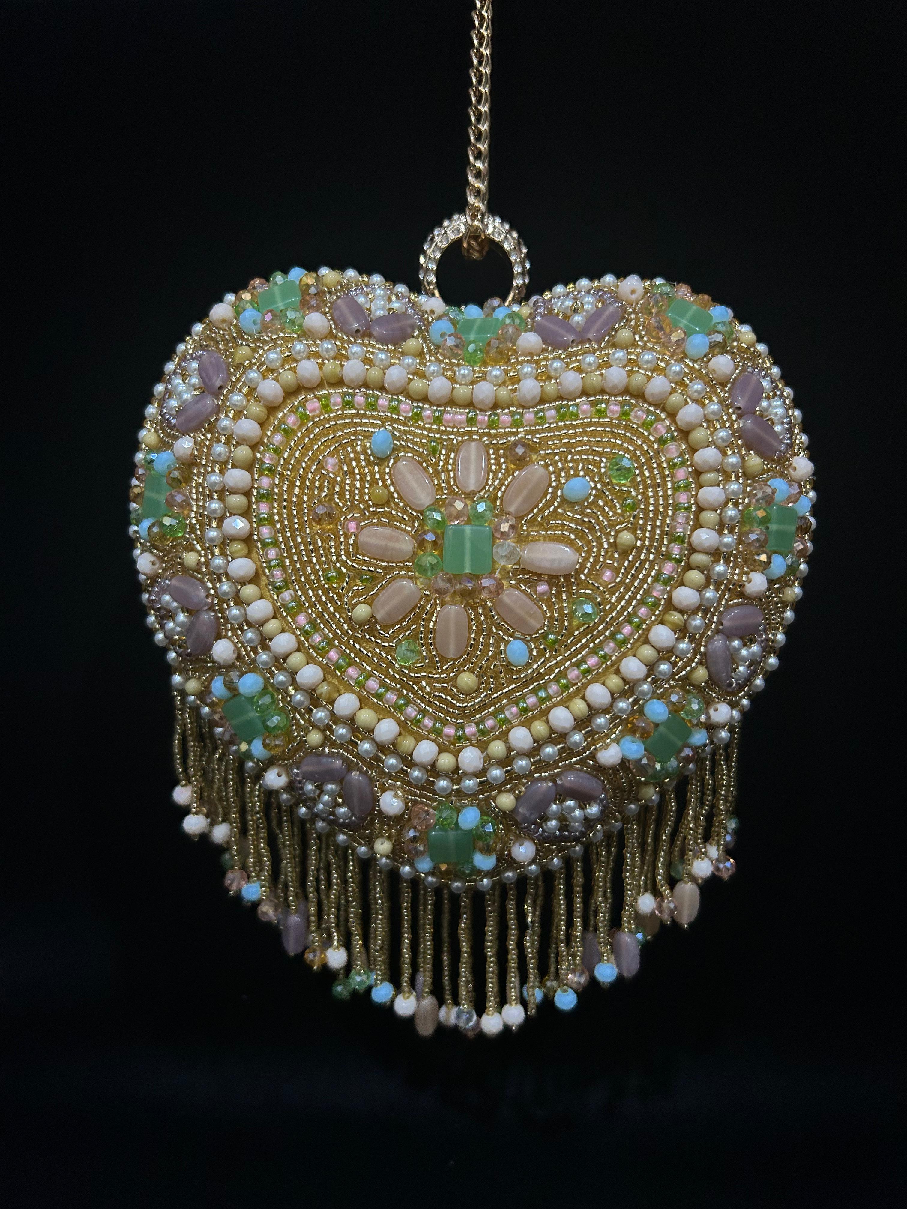 Pastel Heart Jewel Beaded Handbag with Tassels