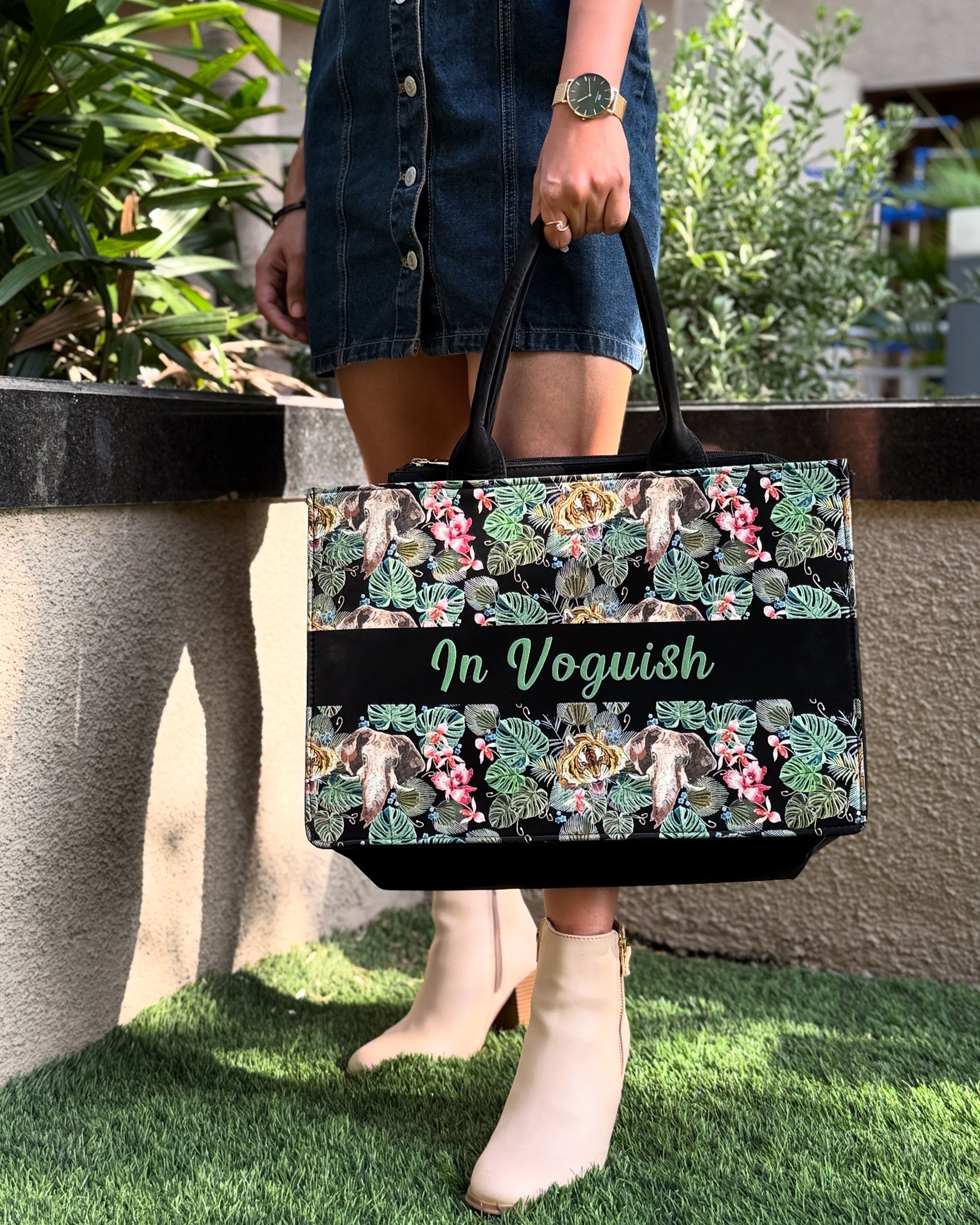 Customized Tote Bag Designed with Palm Leaves, Tiger And Elephant