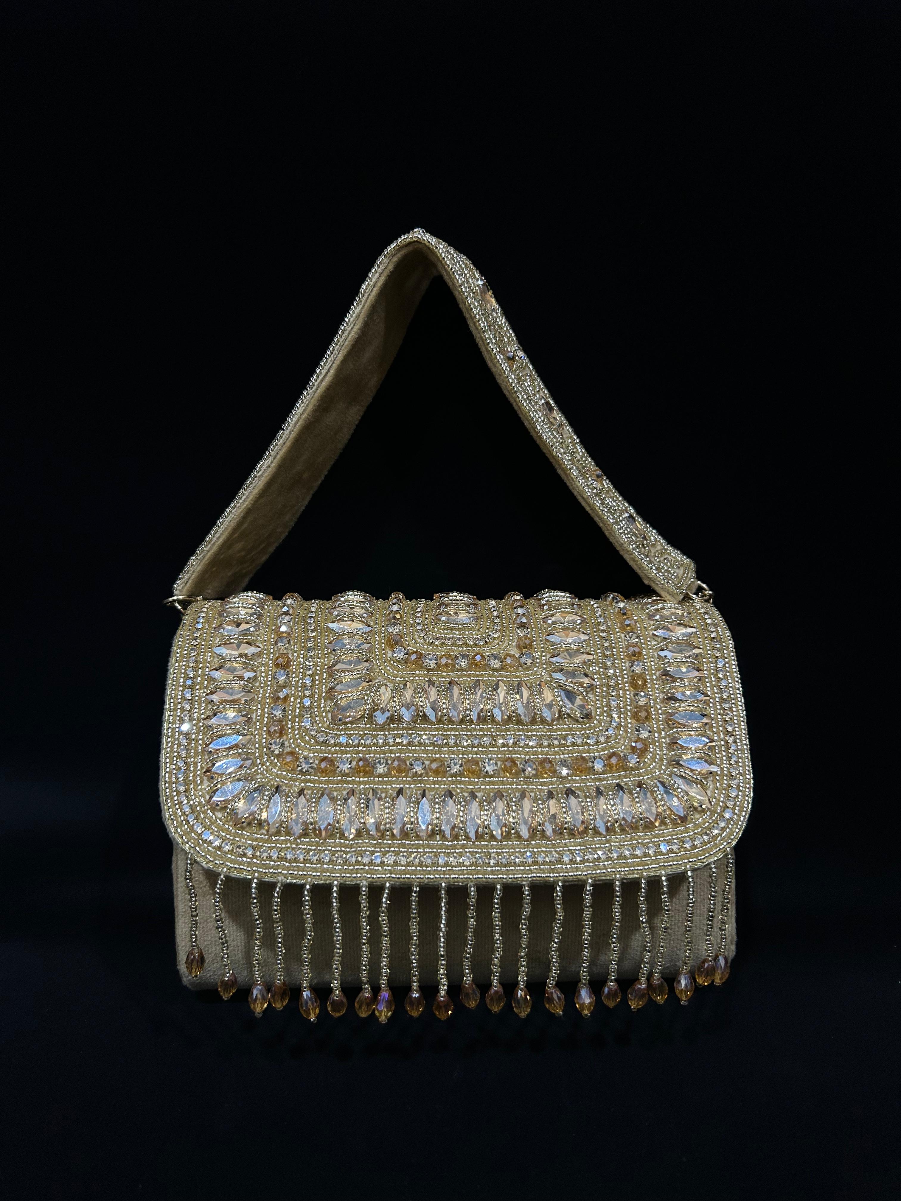 Amber Royale Embellished Velvet Fringe Clutch