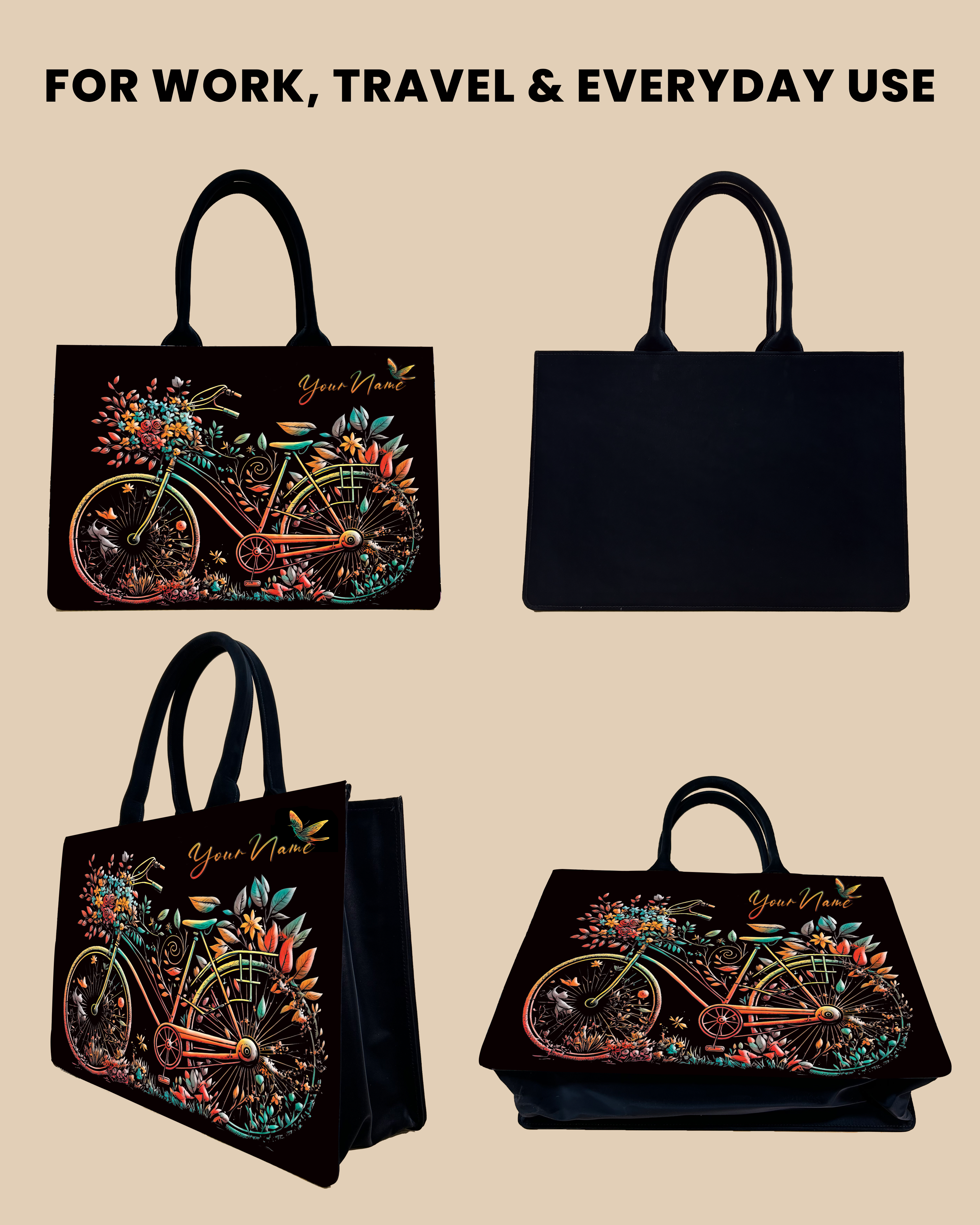 Customized Tote Bag Designed With Growing Nature On Colourfull Bicycle