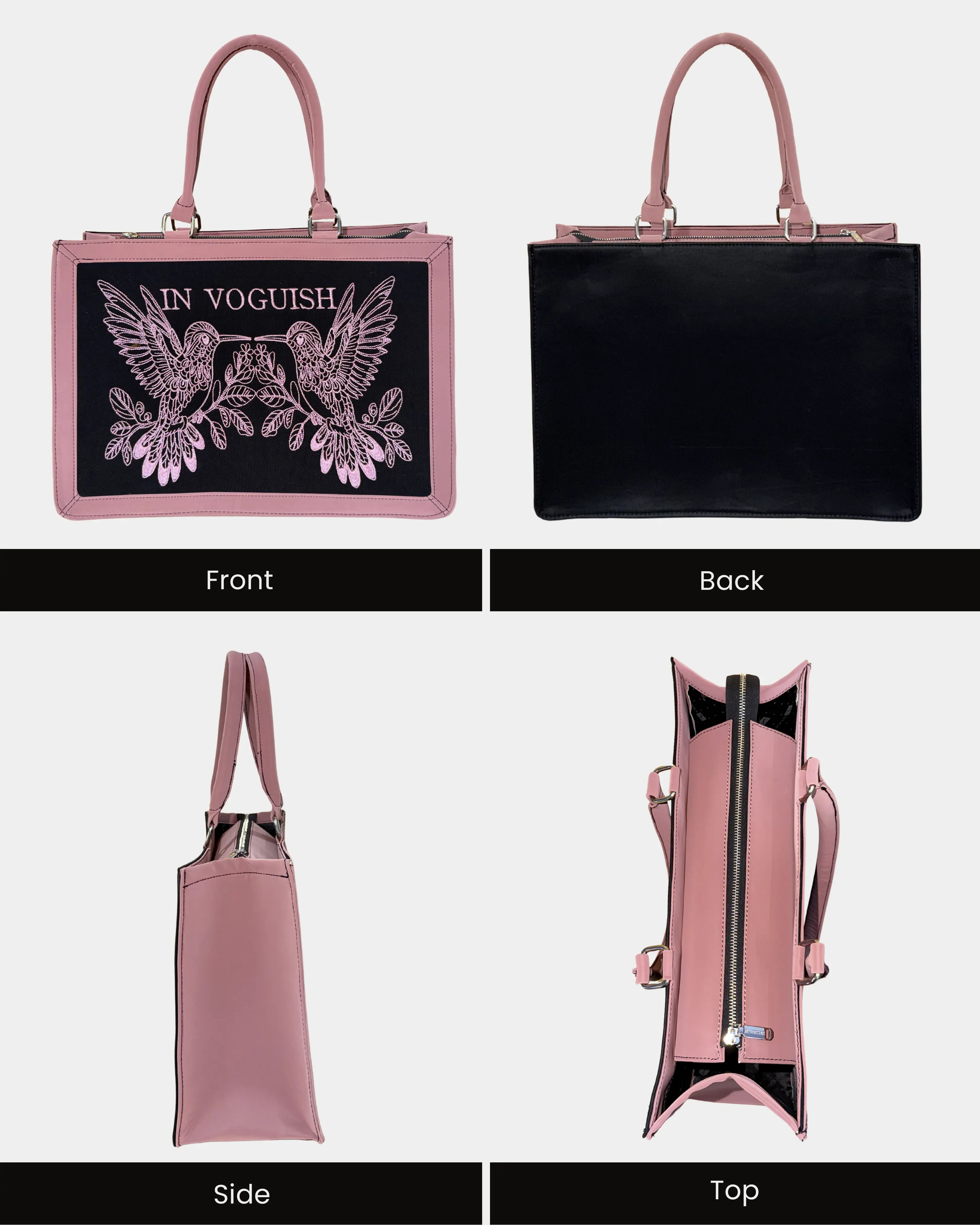 Luxury Pink & Black Hummingbird Customized Embroidered Tote Bag