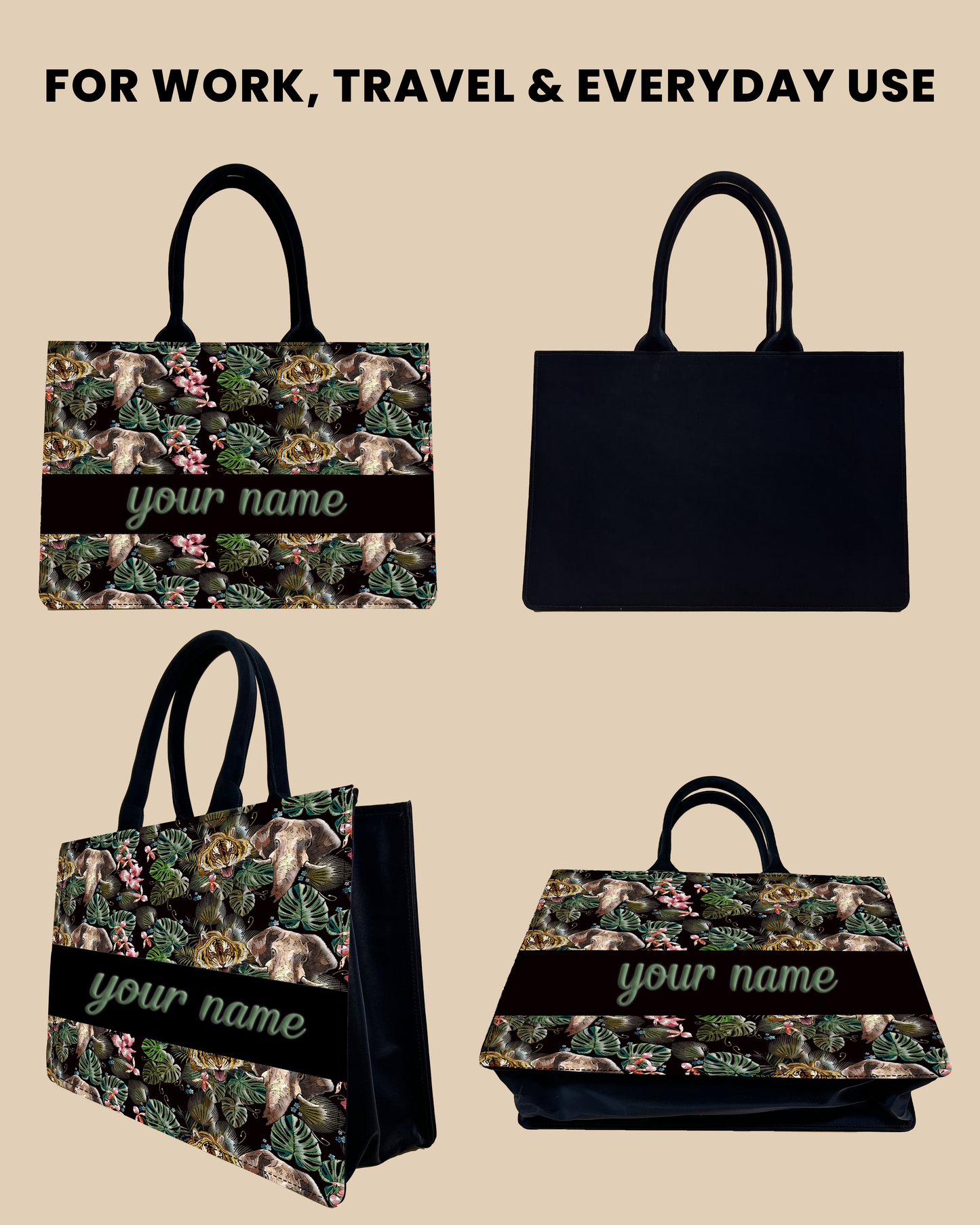 Customized Tote Bag Designed with Palm Leaves, Tiger And Elephant
