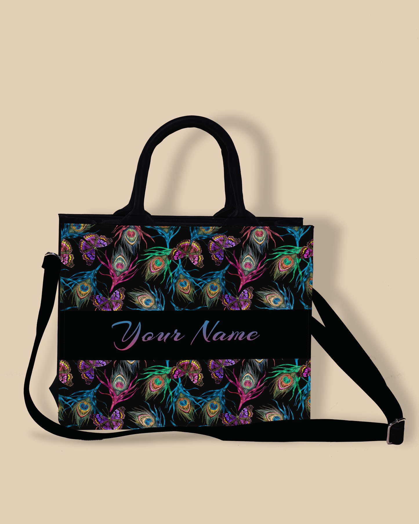 Customized small Tote Bag Designed With Colourful Peacock Feather And Flying Butterflies Pattern