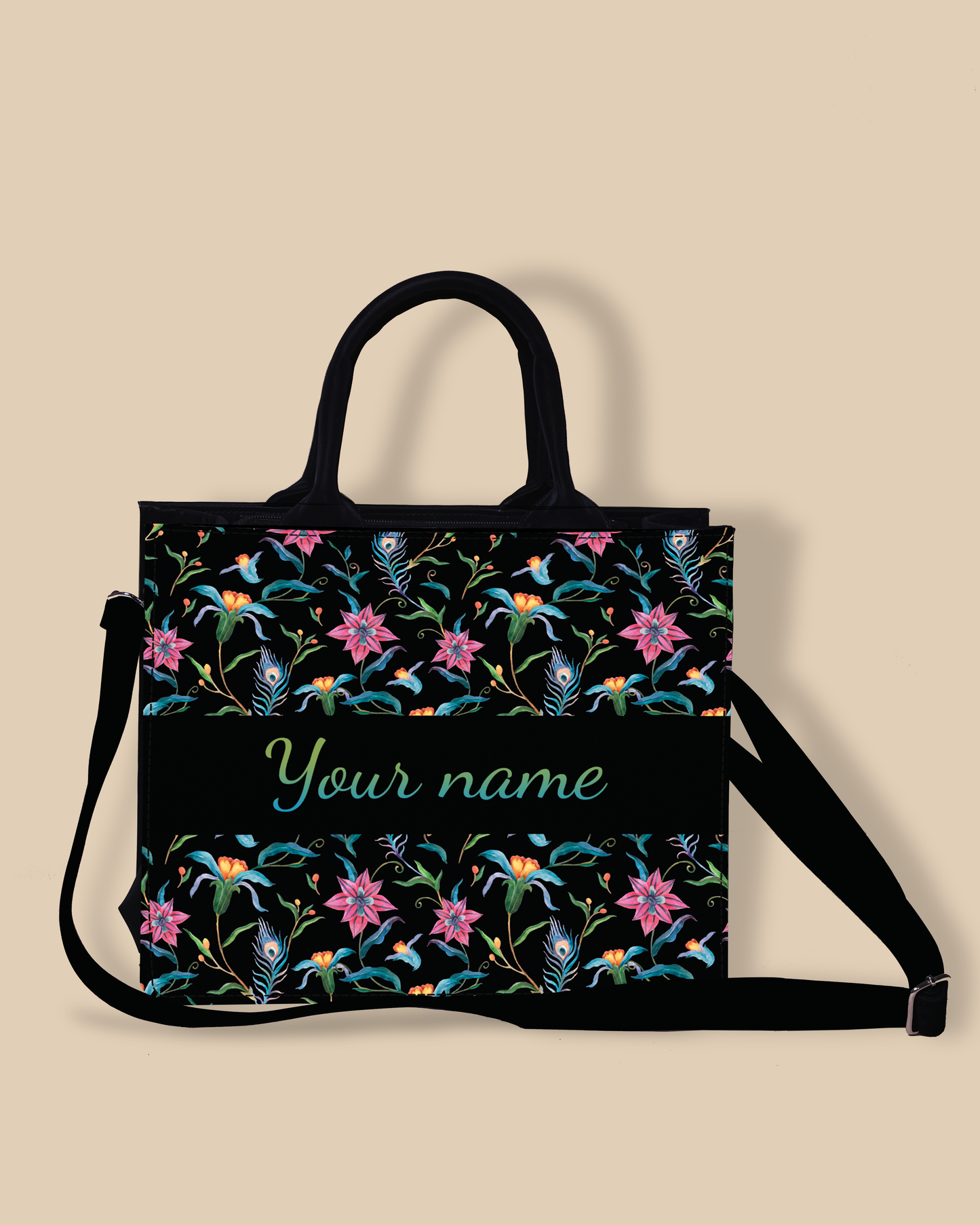 Customized Small Tote Bag Designed with Lily, Paradise Flowers And Peacock Feather