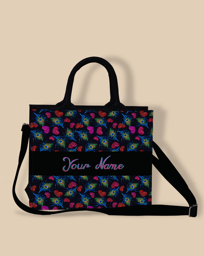 Customized Small Tote Bag Designed With Colourfull Peacock Feather And Heart Pattern