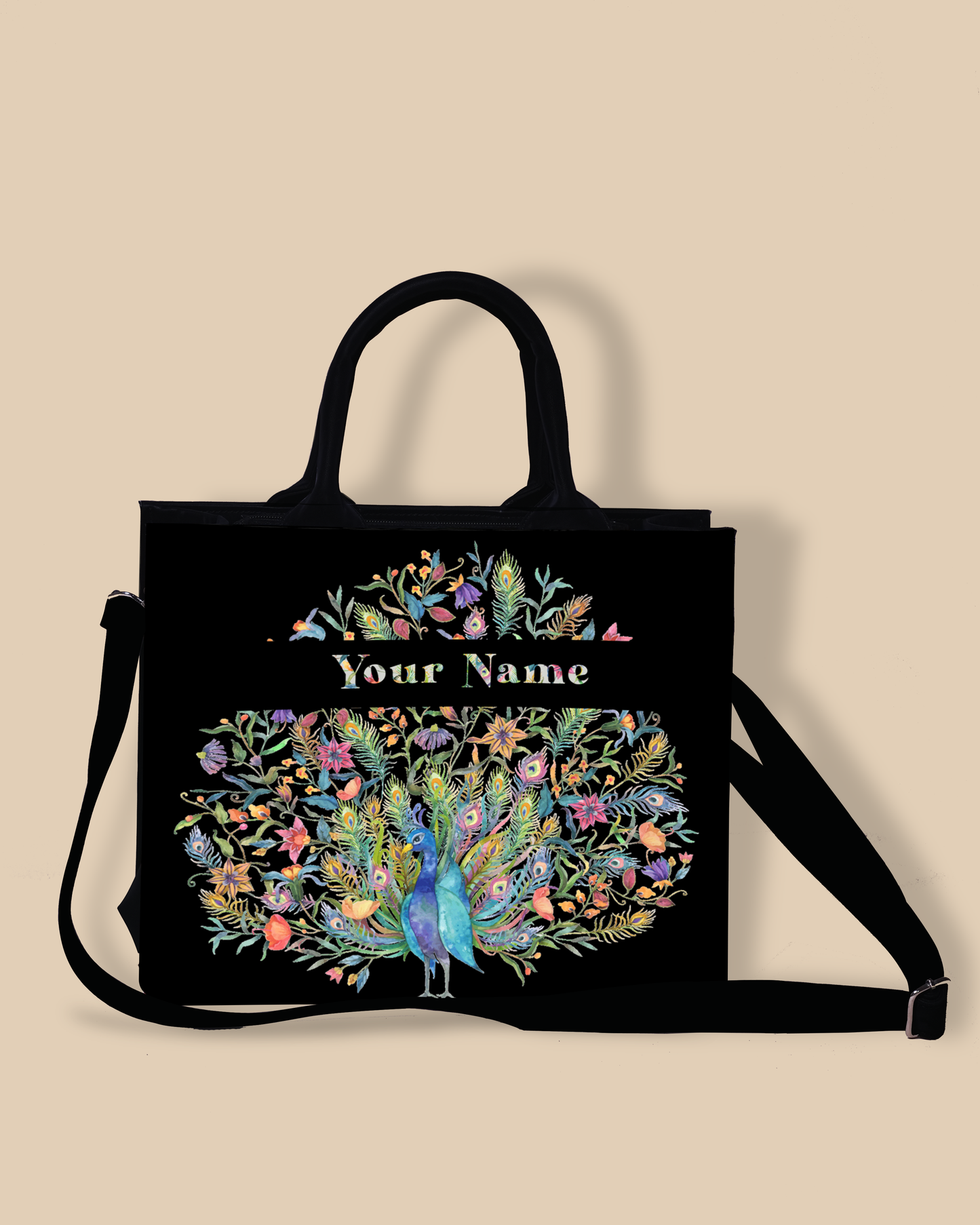 Up Embossed Peacock Design on Leather Personalized Small Tote Bag