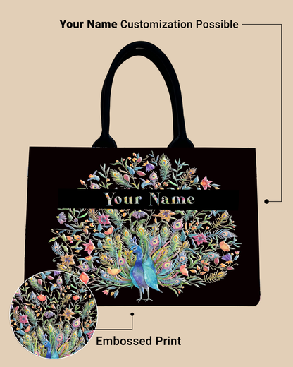 Up Embossed Peacock Design on Leather Personalized Tote Bag