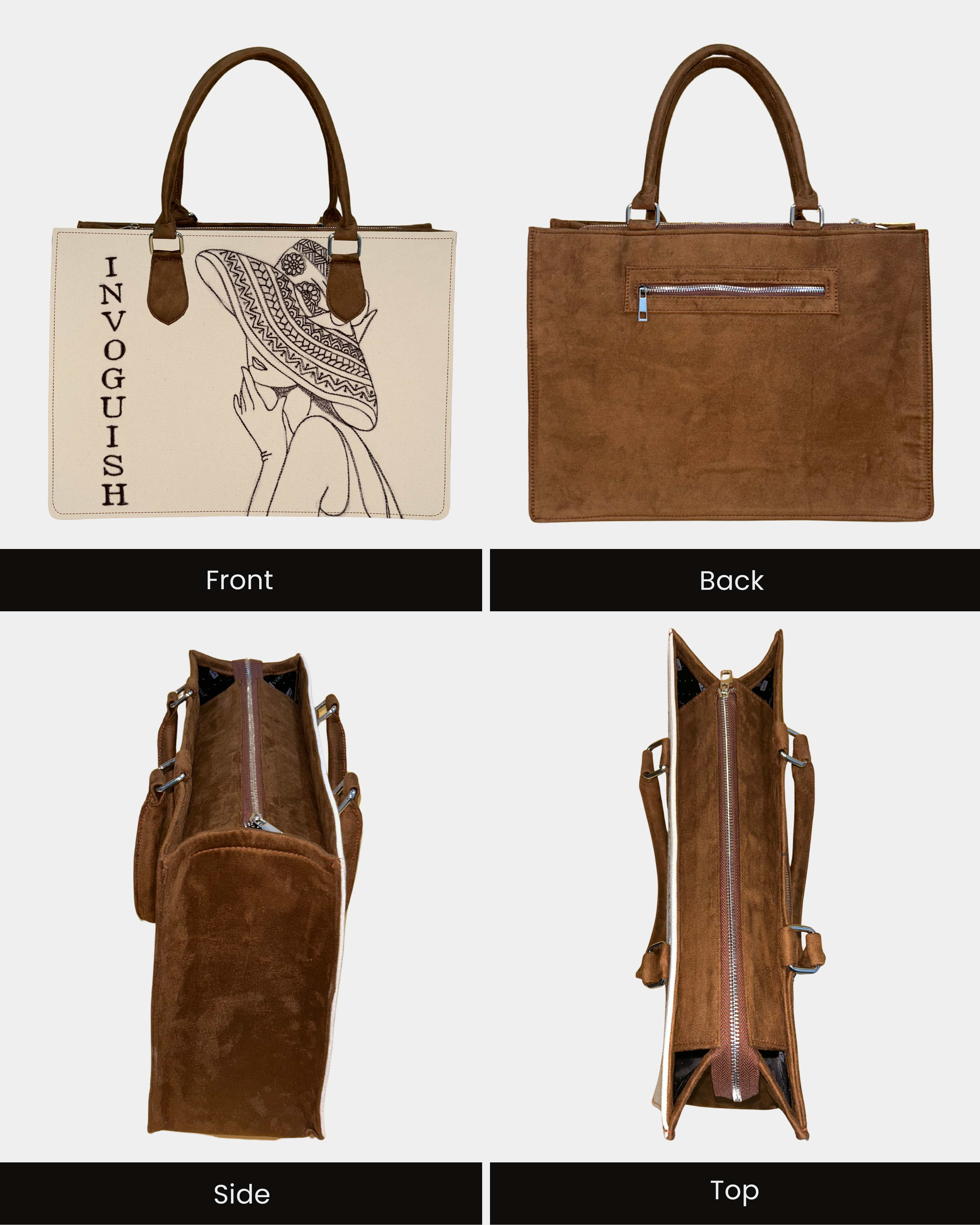 Customized Hat Girl Sketch Tote Bag – Brown Suede Edition