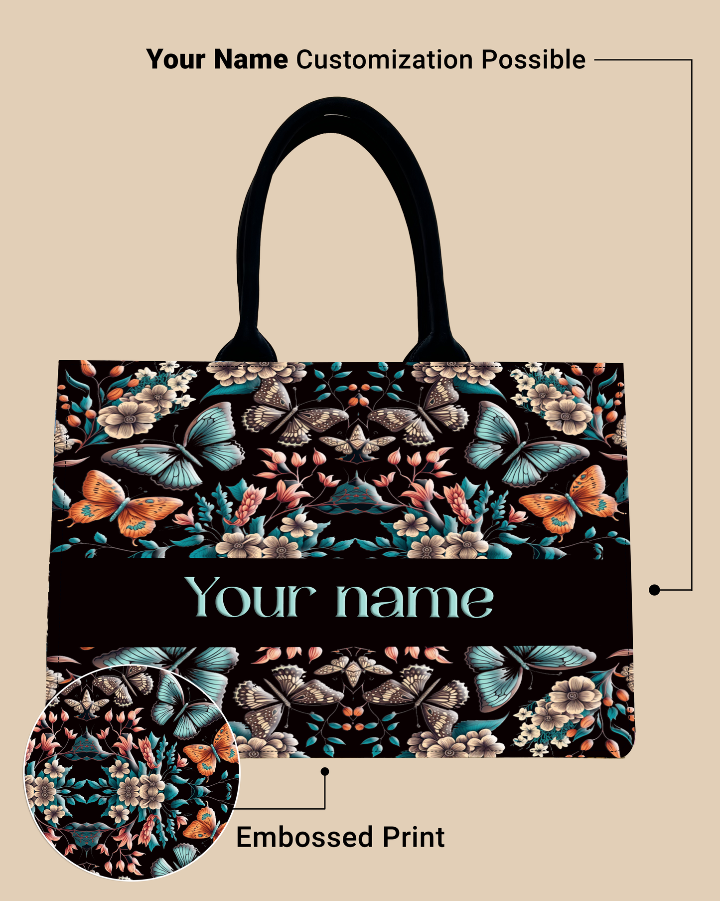 Customized Tote Bag  Designed with Beautiful Boho Butterflies With Flowers