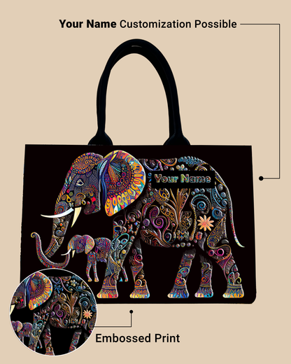 Customized Tote Bag  Designed with Baby And Mother Elephant Pattern