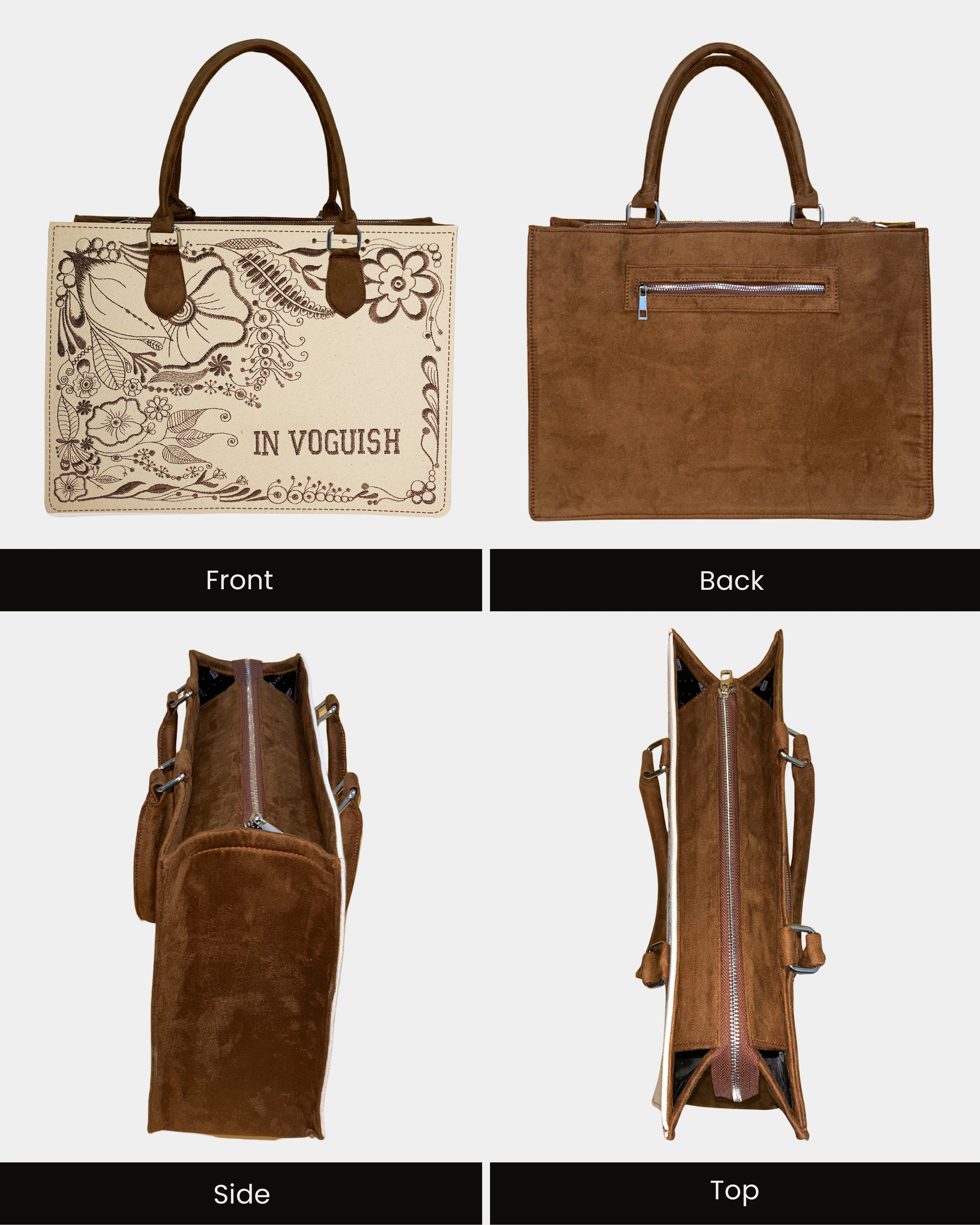 Customized Floral Canvas Embroidered Tote Bag – Brown Suede Edition