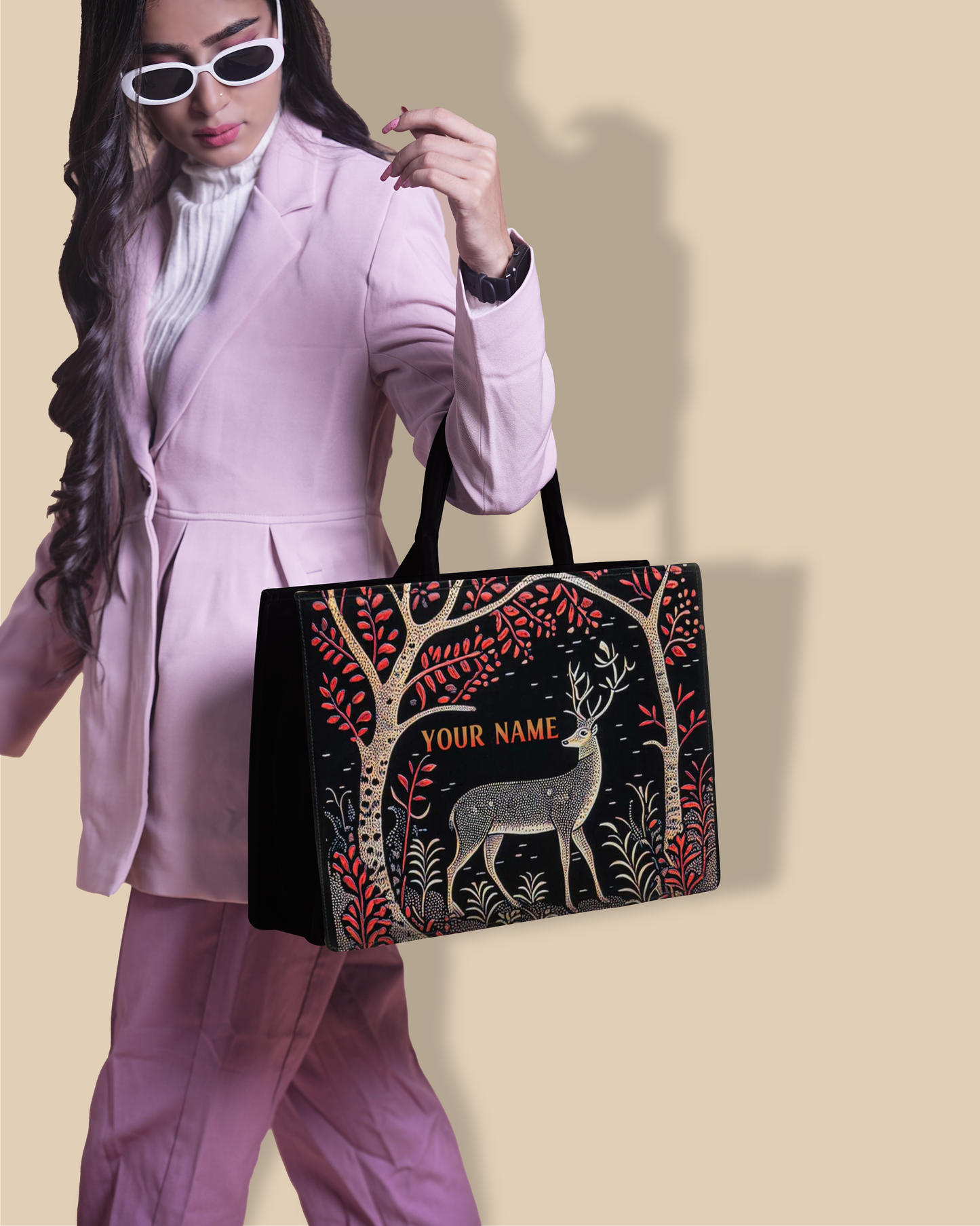 Deer in Jungle Up Embossed Design Leather Personalized Tote Bag