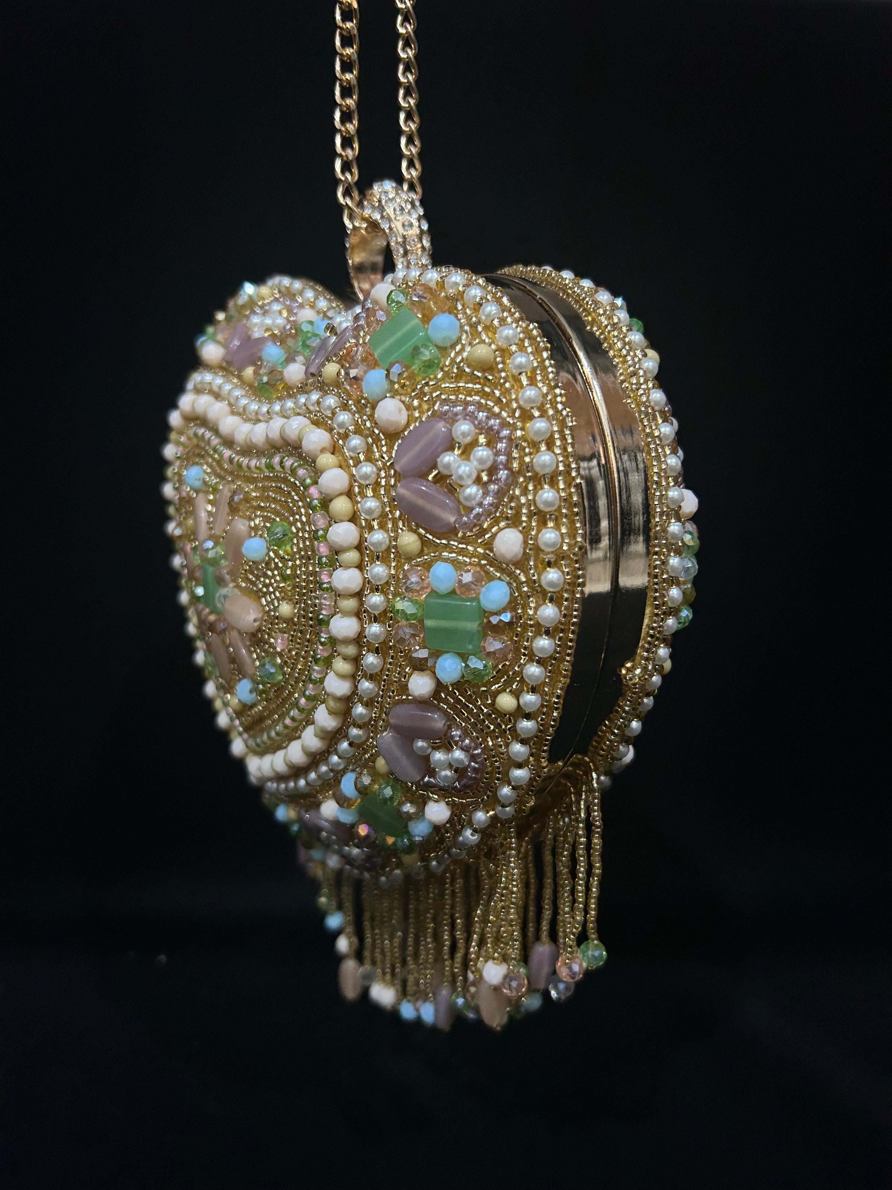 Pastel Heart Jewel Beaded Handbag with Tassels