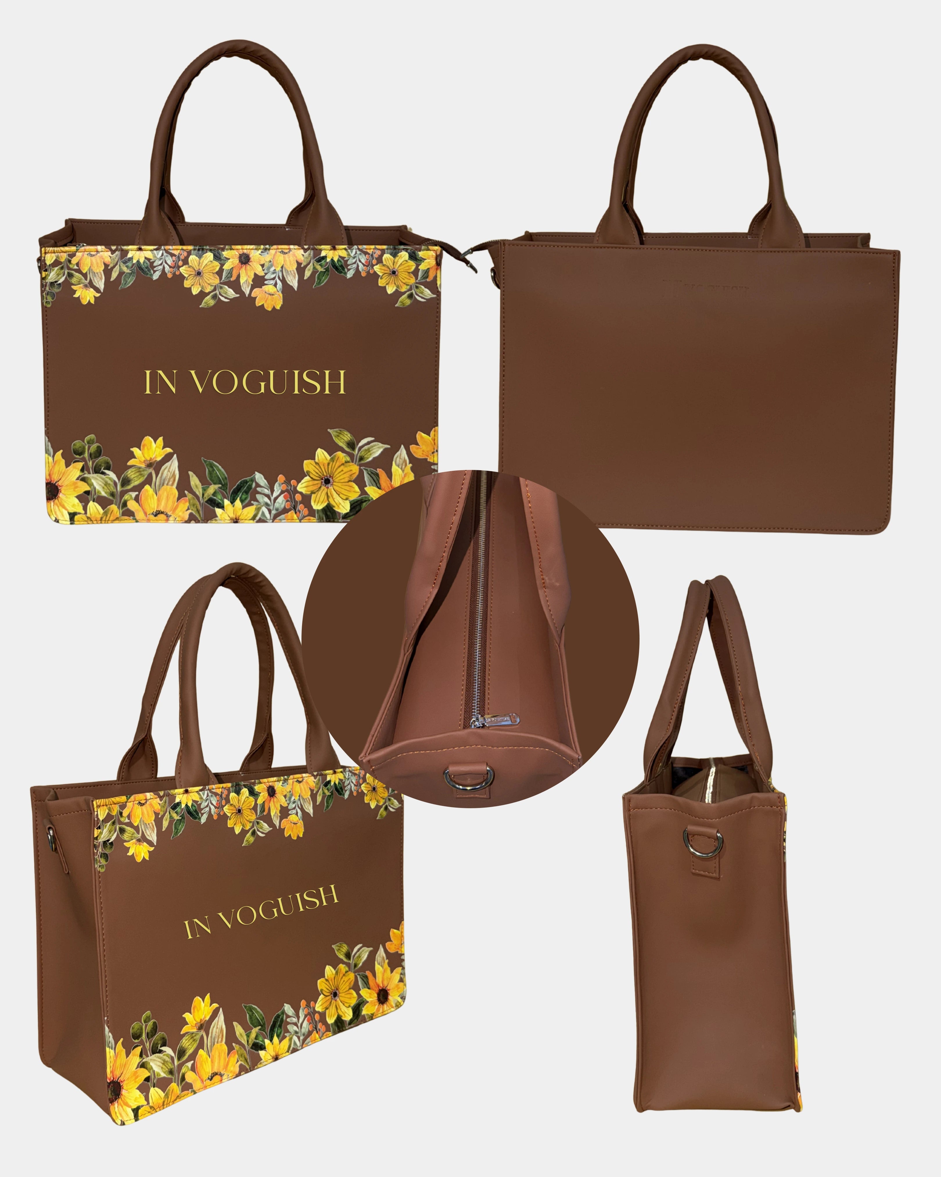Brown Yellow Floral Embossed Artwork Customized Tote Bag for Women
