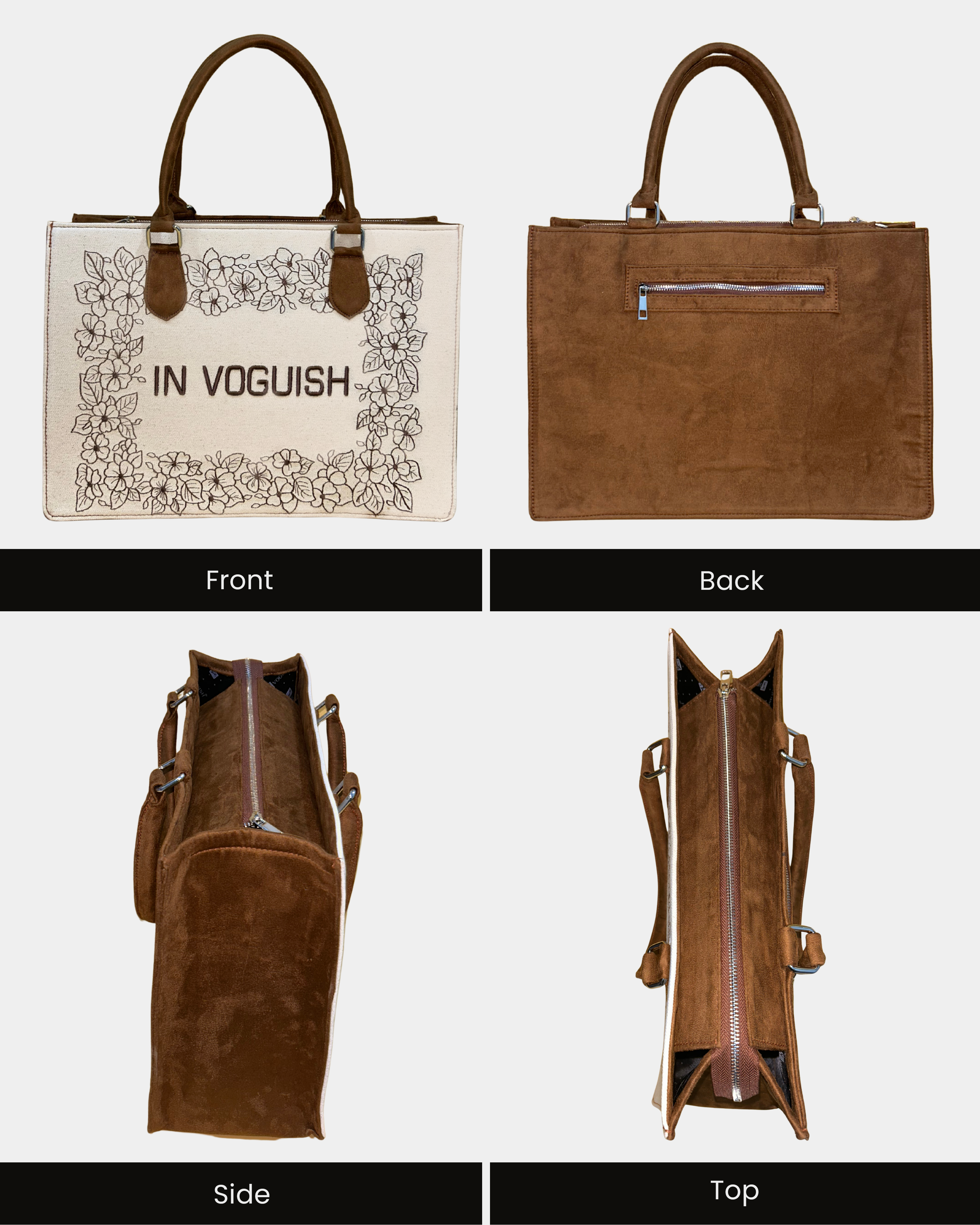 Customized Bloom Frame Embroidered Tote Bag – Brown Suede Edition