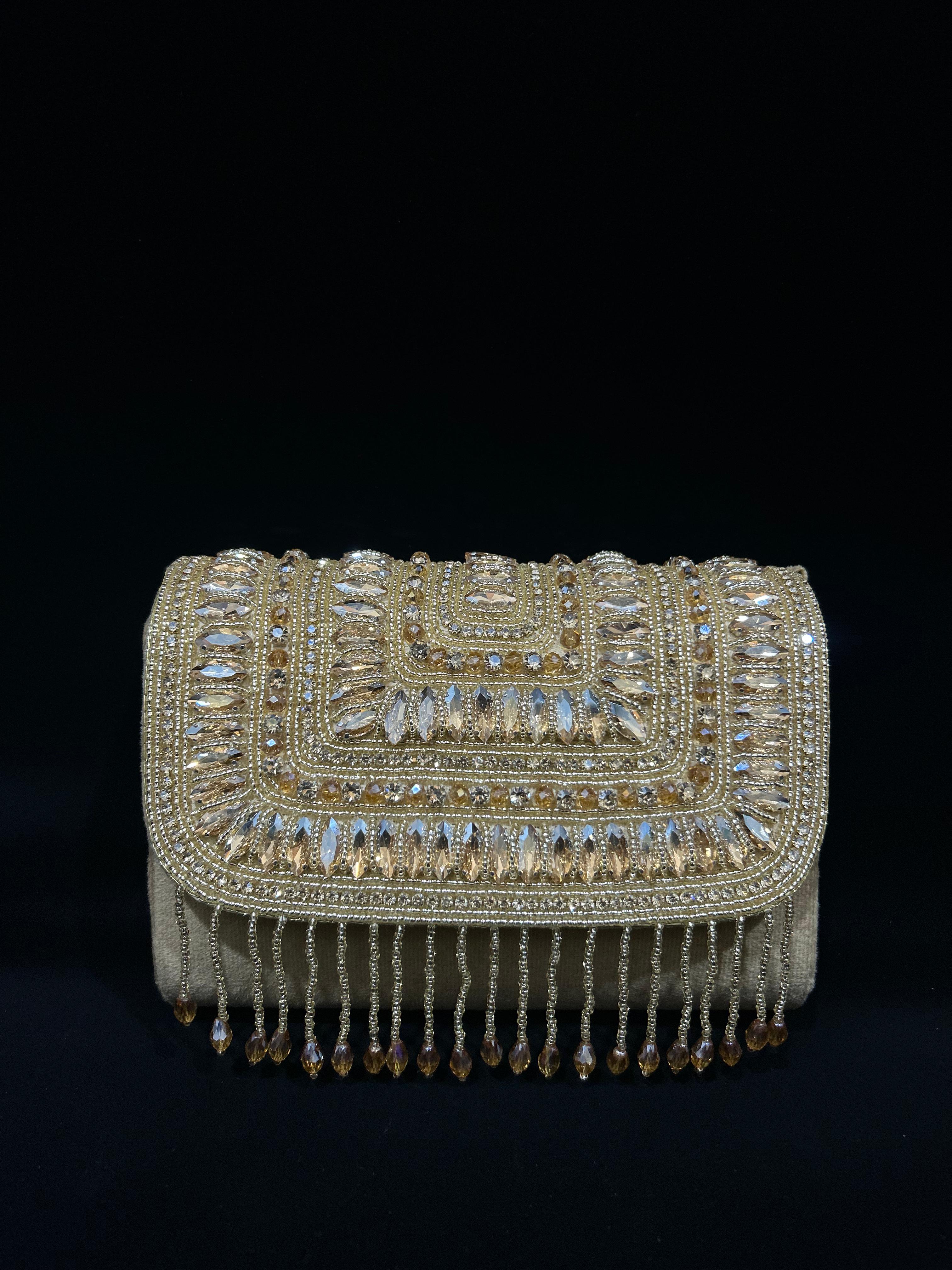 Amber Royale Embellished Velvet Fringe Clutch