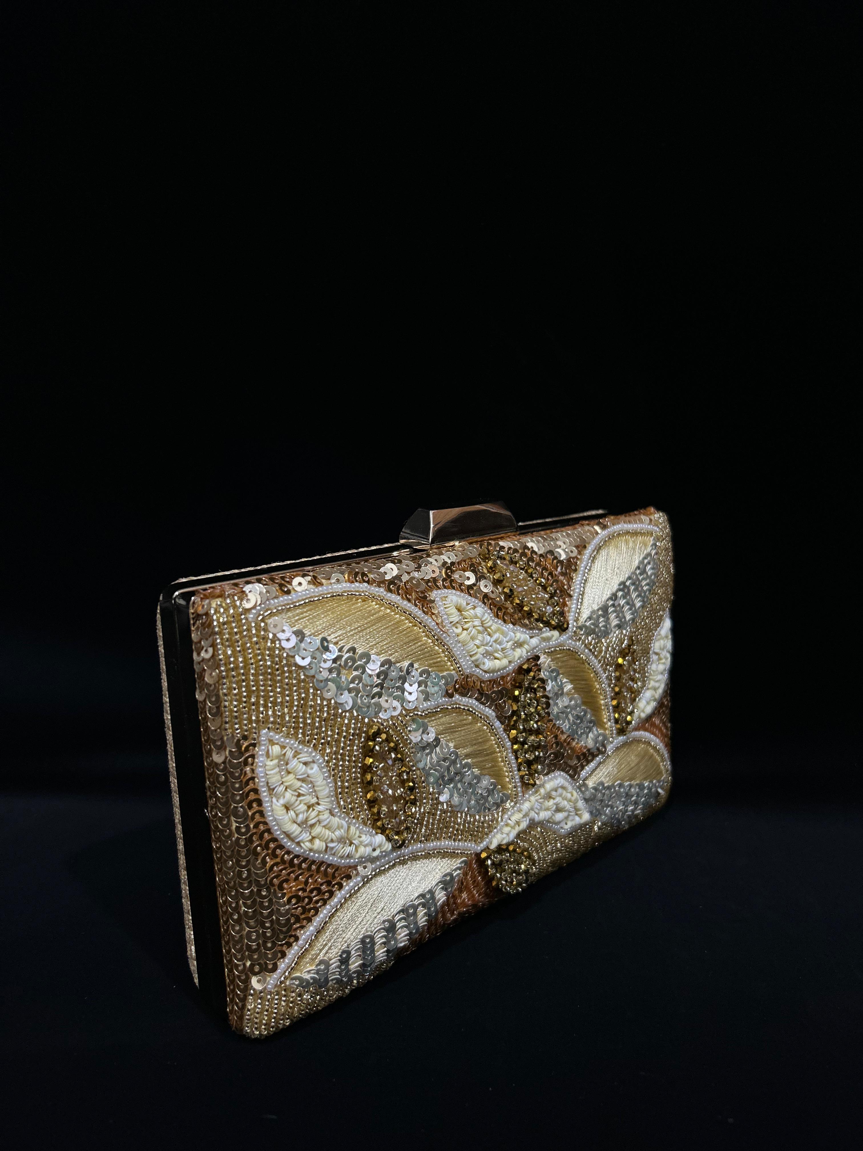 Golden Leaf Hand-Embroidered Sequin Clutch