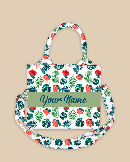 Customized Small Tote Bag Designed with Exotic tropical leaves Monstera Palm And Flowers Hibiscus