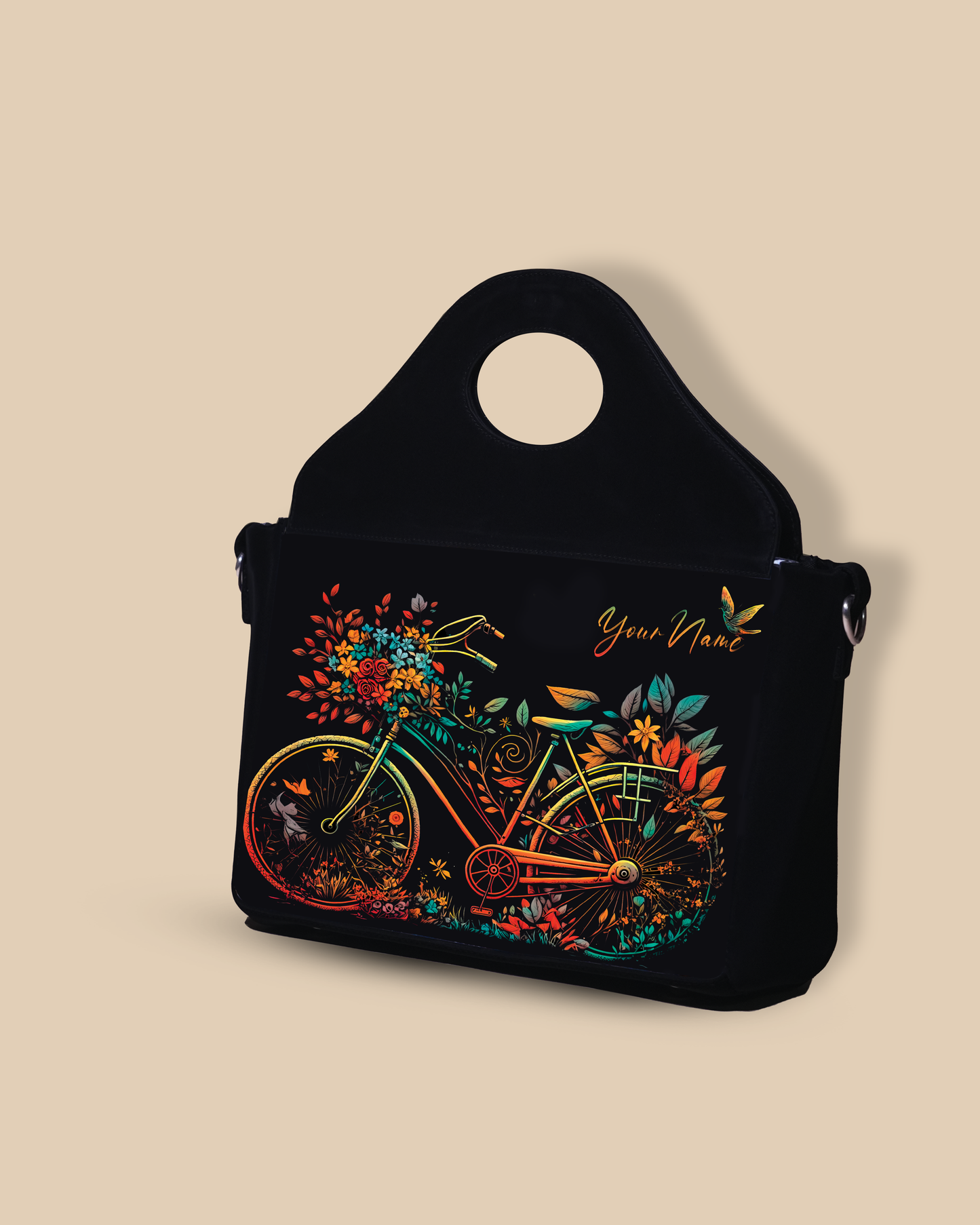 Customized Sling Purse Designed With Growing Nature On Colourfull Bicycle