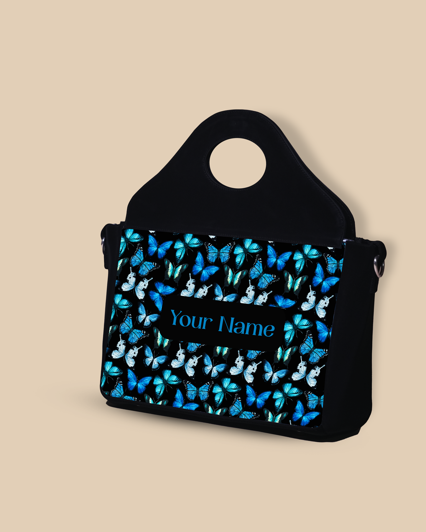 Customized Sling Purse Designed With Blue Flying Butterflies