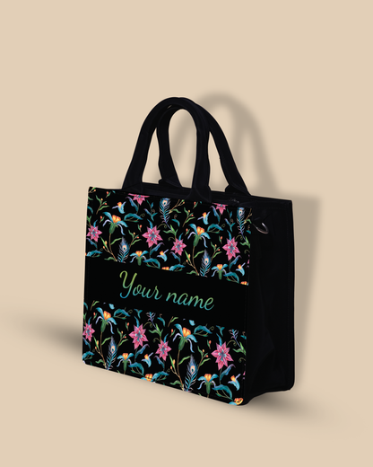 Customized Small Tote Bag Designed with Lily, Paradise Flowers And Peacock Feather