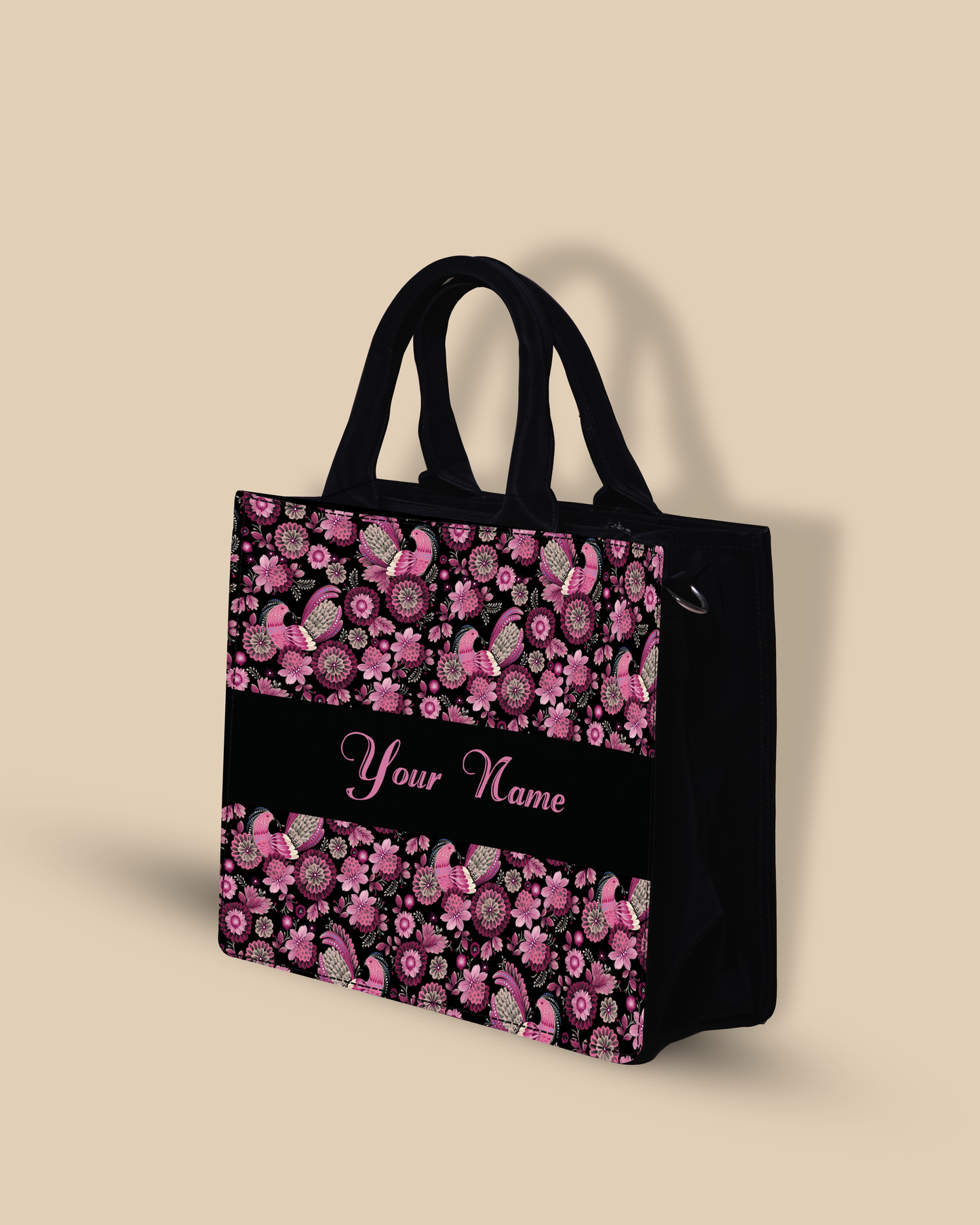 Customized small Tote Bag Designed With Calligraphic Flowers And Peacock Pattern