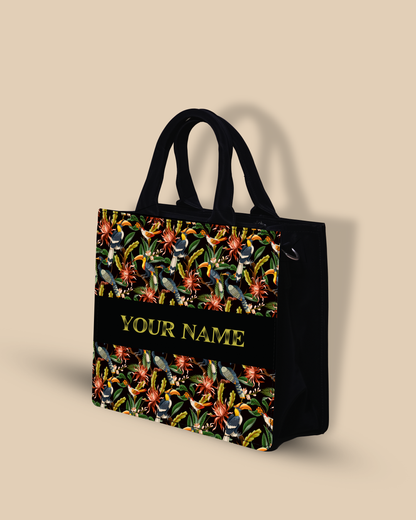Customized small Tote Bag Designed with Hornbill , Carens Birds And Tropical Flowers