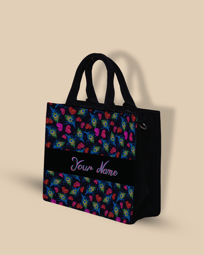 Customized Small Tote Bag Designed With Colourfull Peacock Feather And Heart Pattern