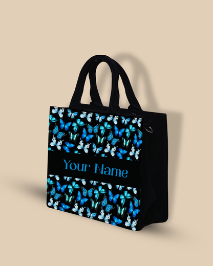 Customized small Tote Bag Designed With Blue Flying Butterflies