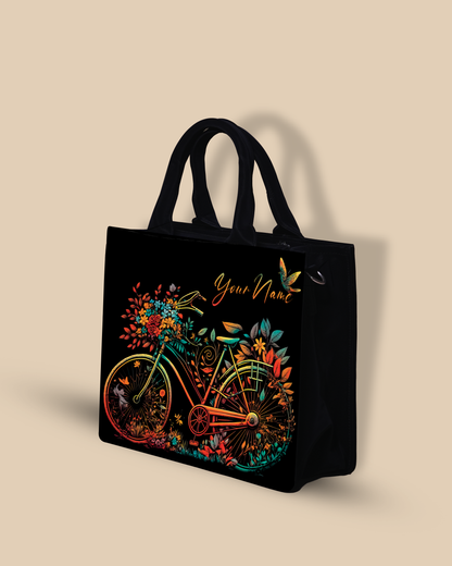 Customized small Tote Bag Designed With Growing Nature On Colorful Bicycle