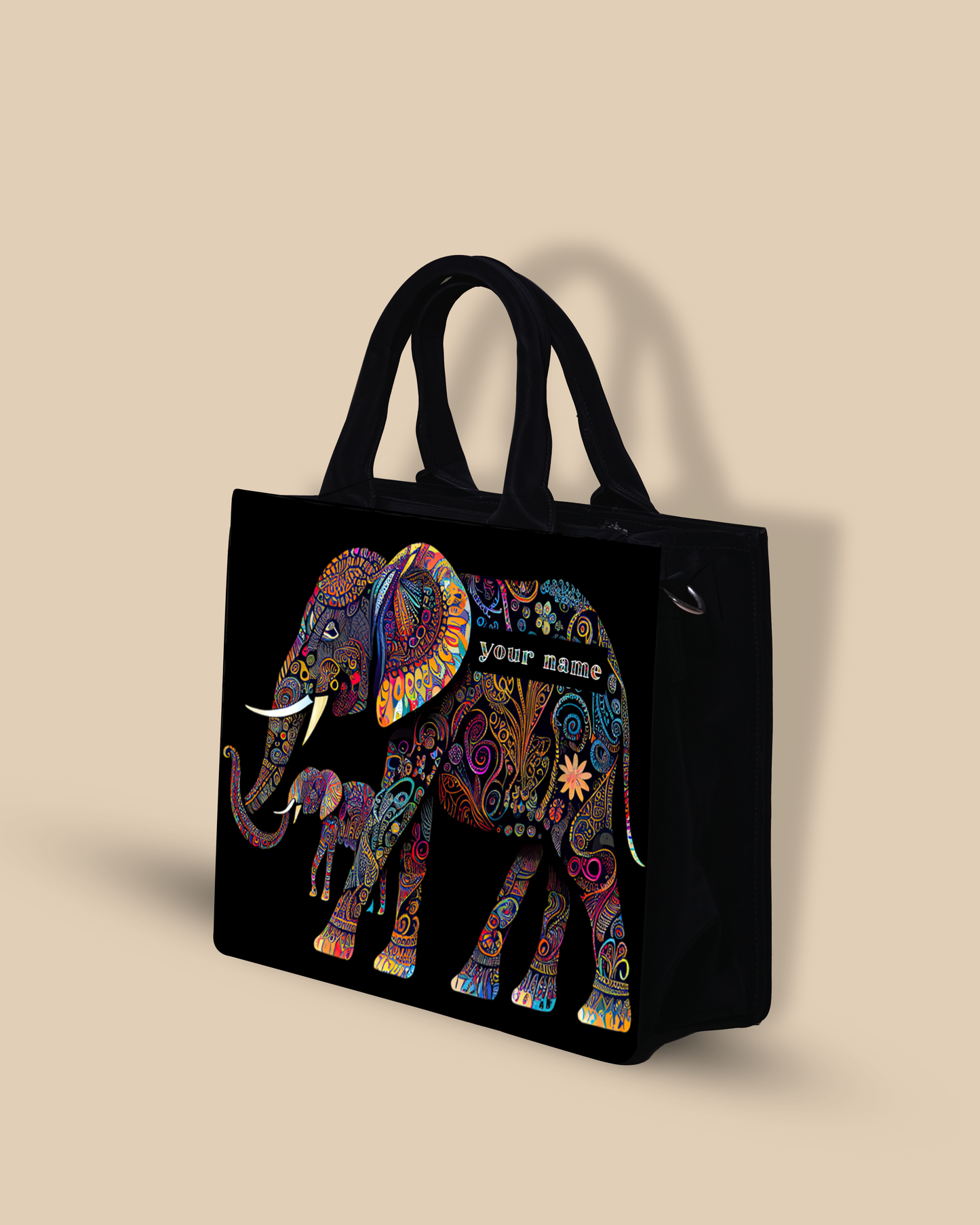 Customized small Tote Bag Designed with Baby And Mother Elephant Pattern