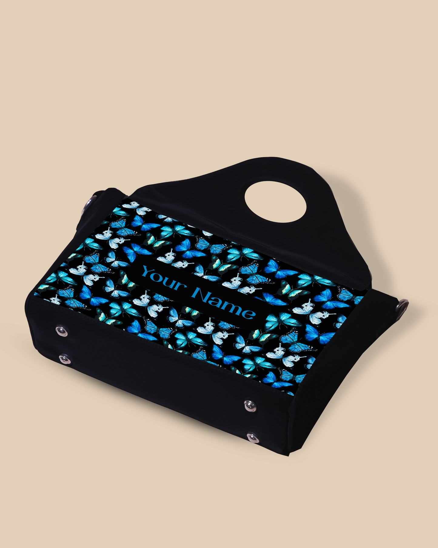 Customized Sling Purse Designed With Blue Flying Butterflies