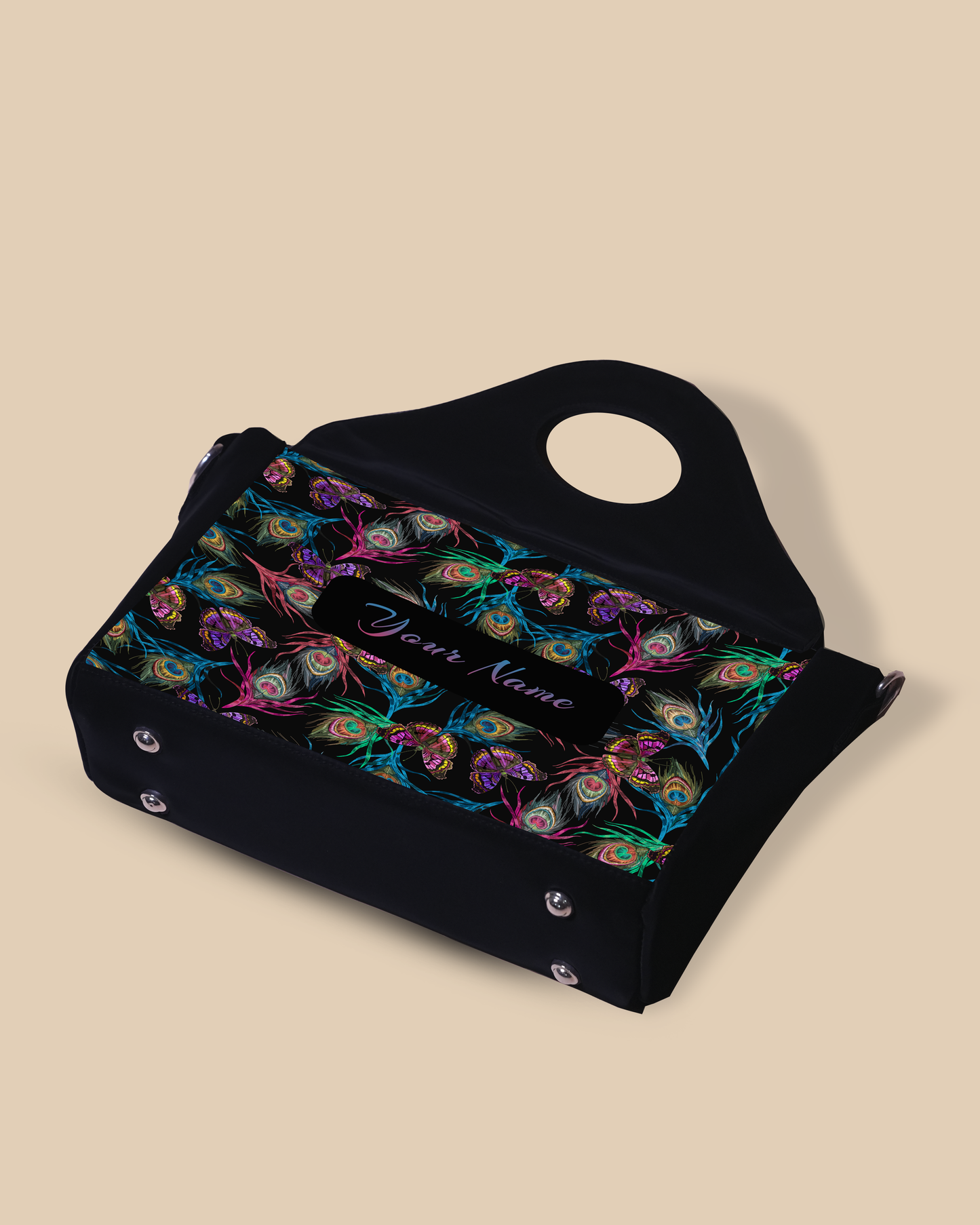 Customized Sling Purse Designed With Colourful Peacock Feather And Flying Butterflies Pattern