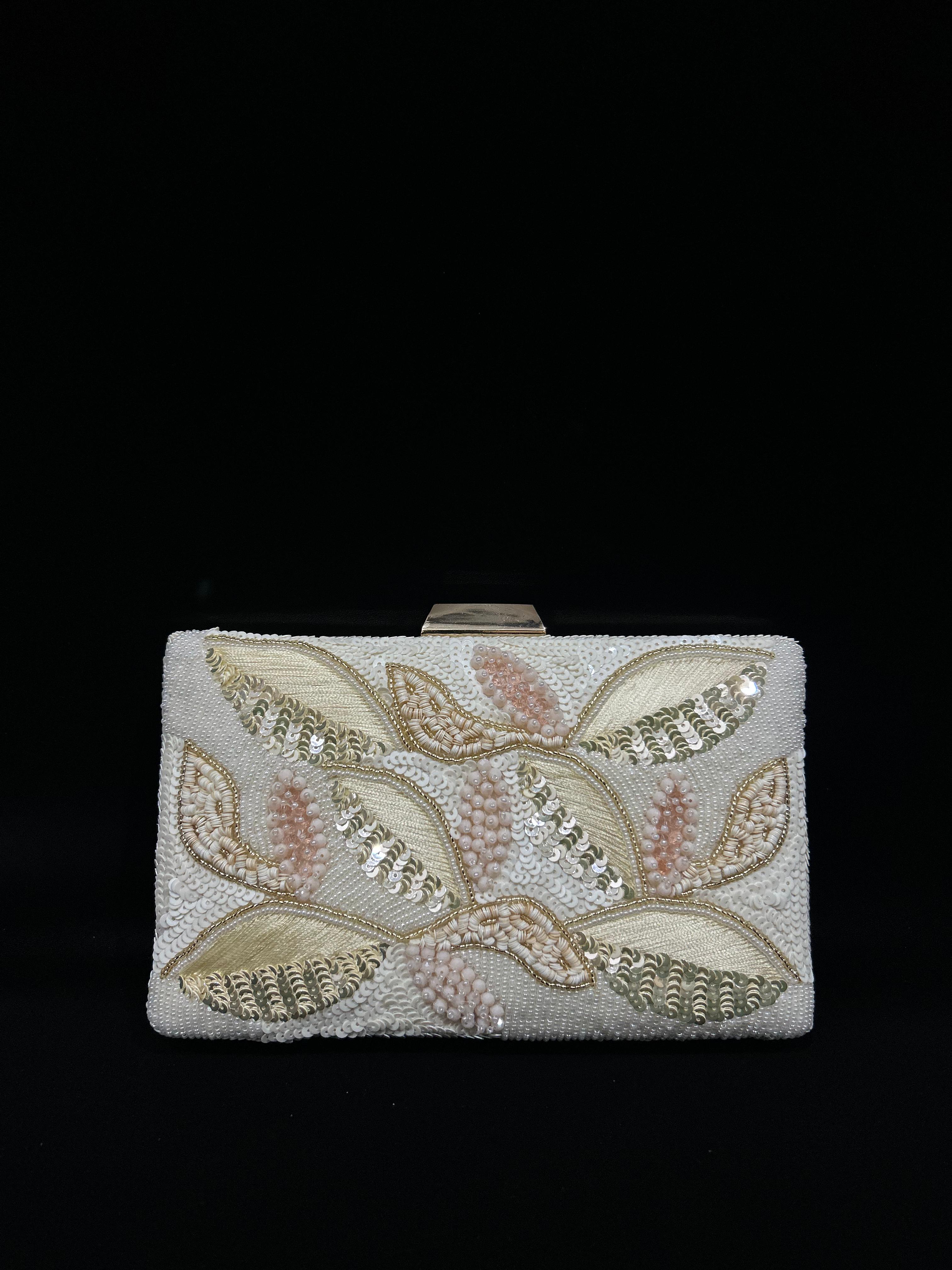 Blush & Ivory Leaf Embroidered Pearl Clutch