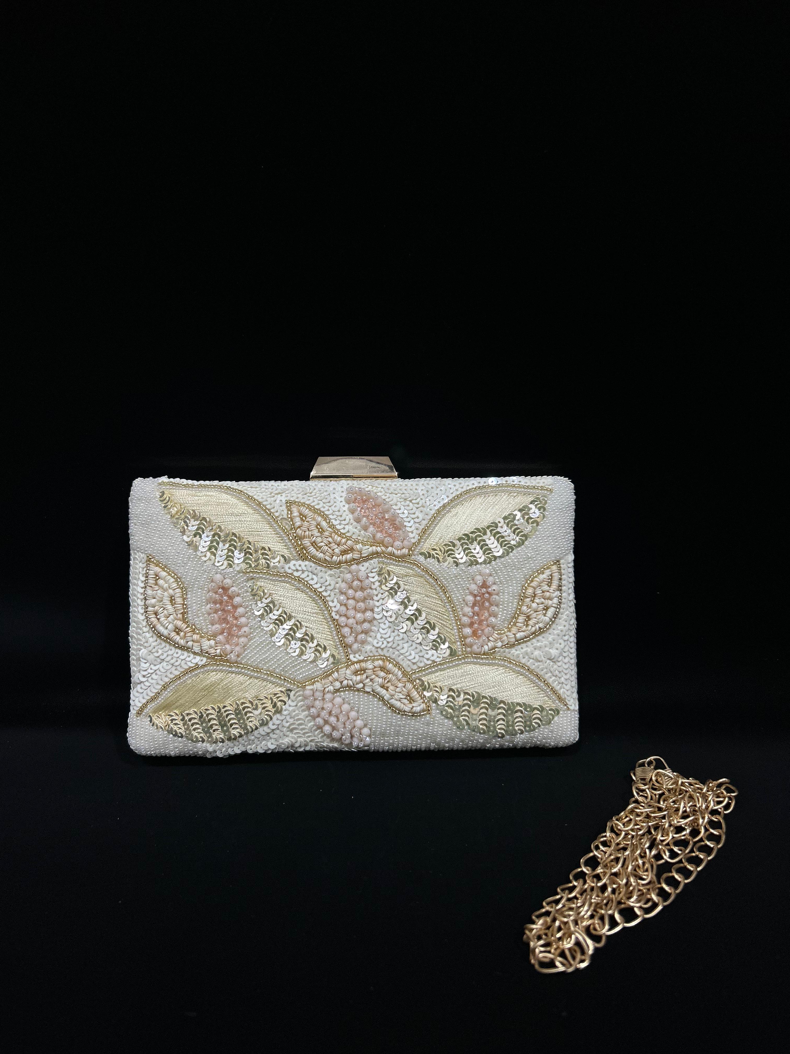 Blush & Ivory Leaf Embroidered Pearl Clutch