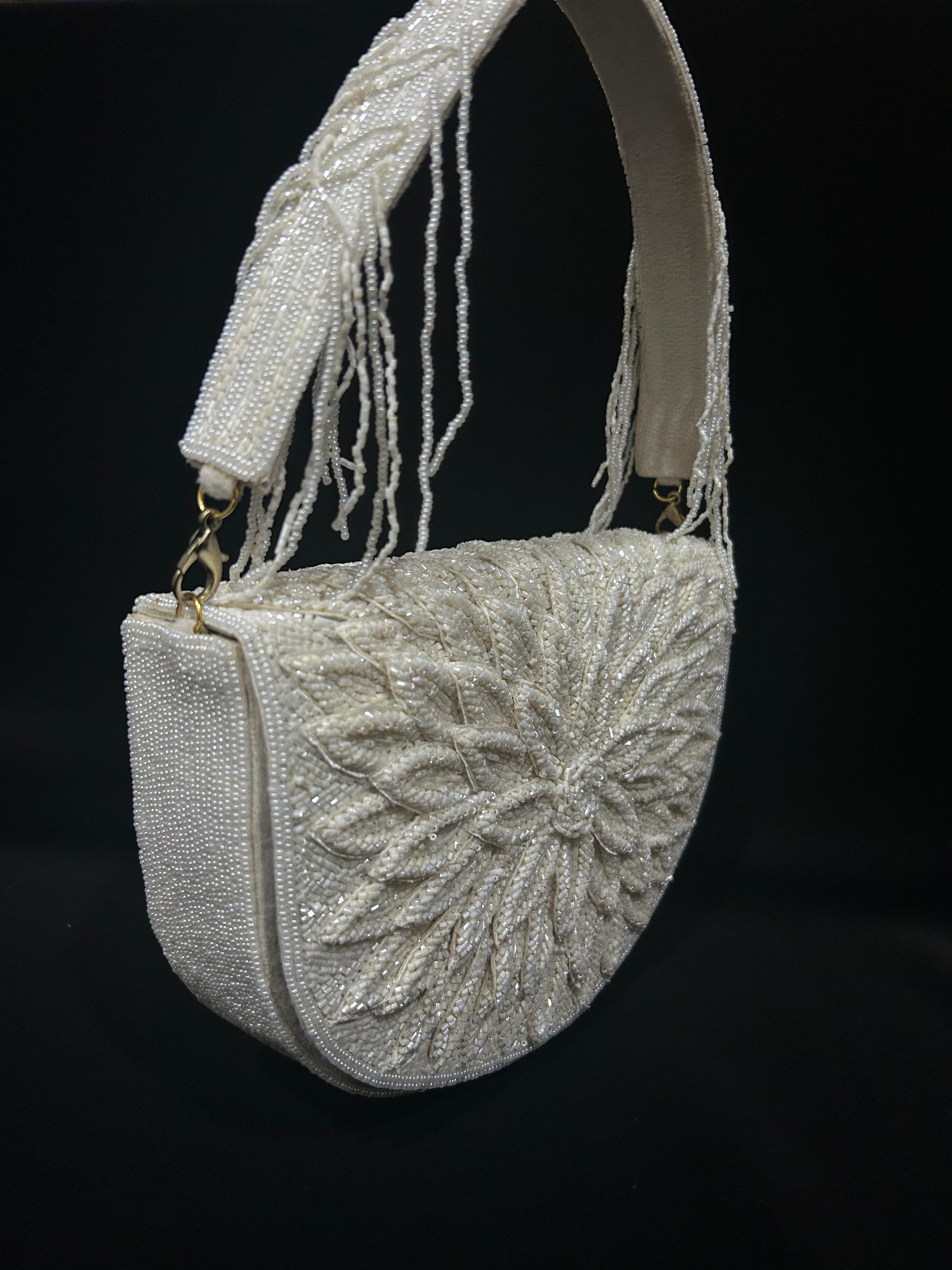 Ivory Bloom Hand-Beaded Shoulder Clutch