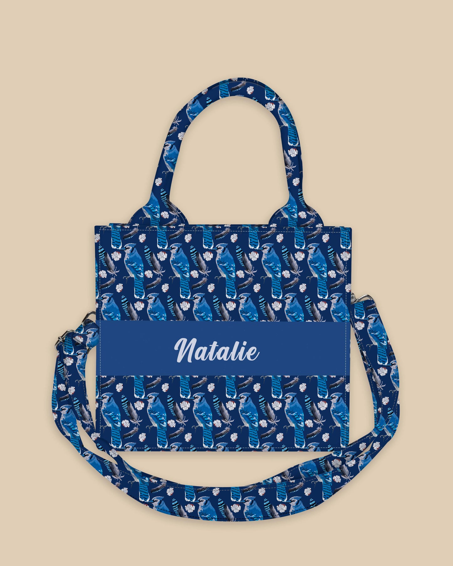 Customized Small Tote Bag Designed With Blue Jay Birds And Feather