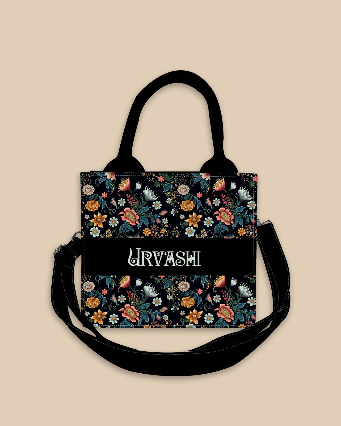 Customized Small Tote Bag Designed With Intricate Floral Pattern And Elegant Flower