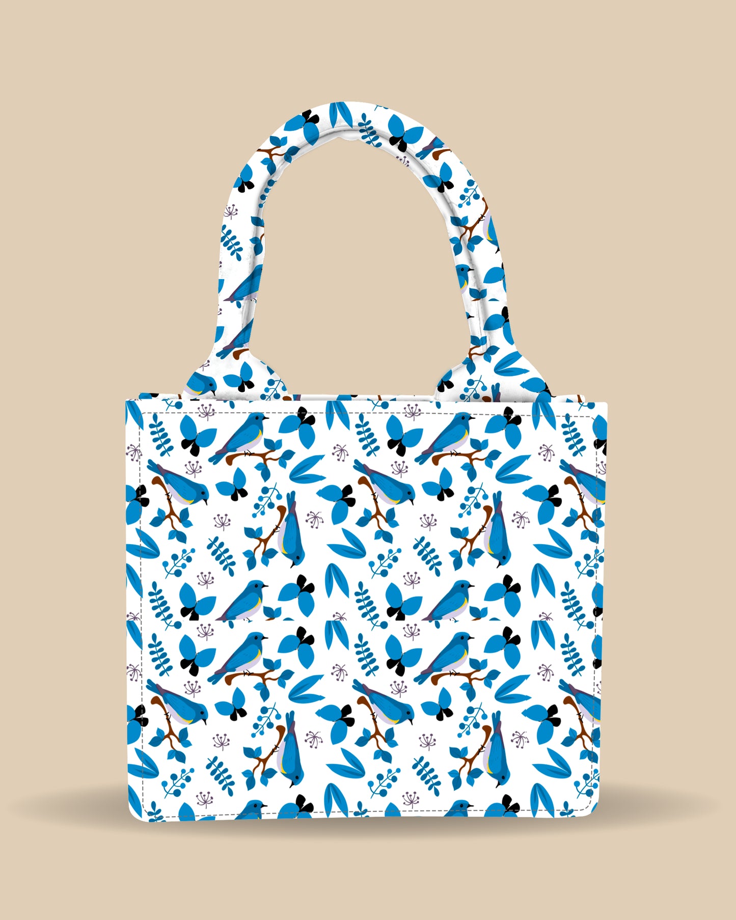 Customized Small Tote Bag Designed with Blue sparrow, Butterfly And Botanical Leaves