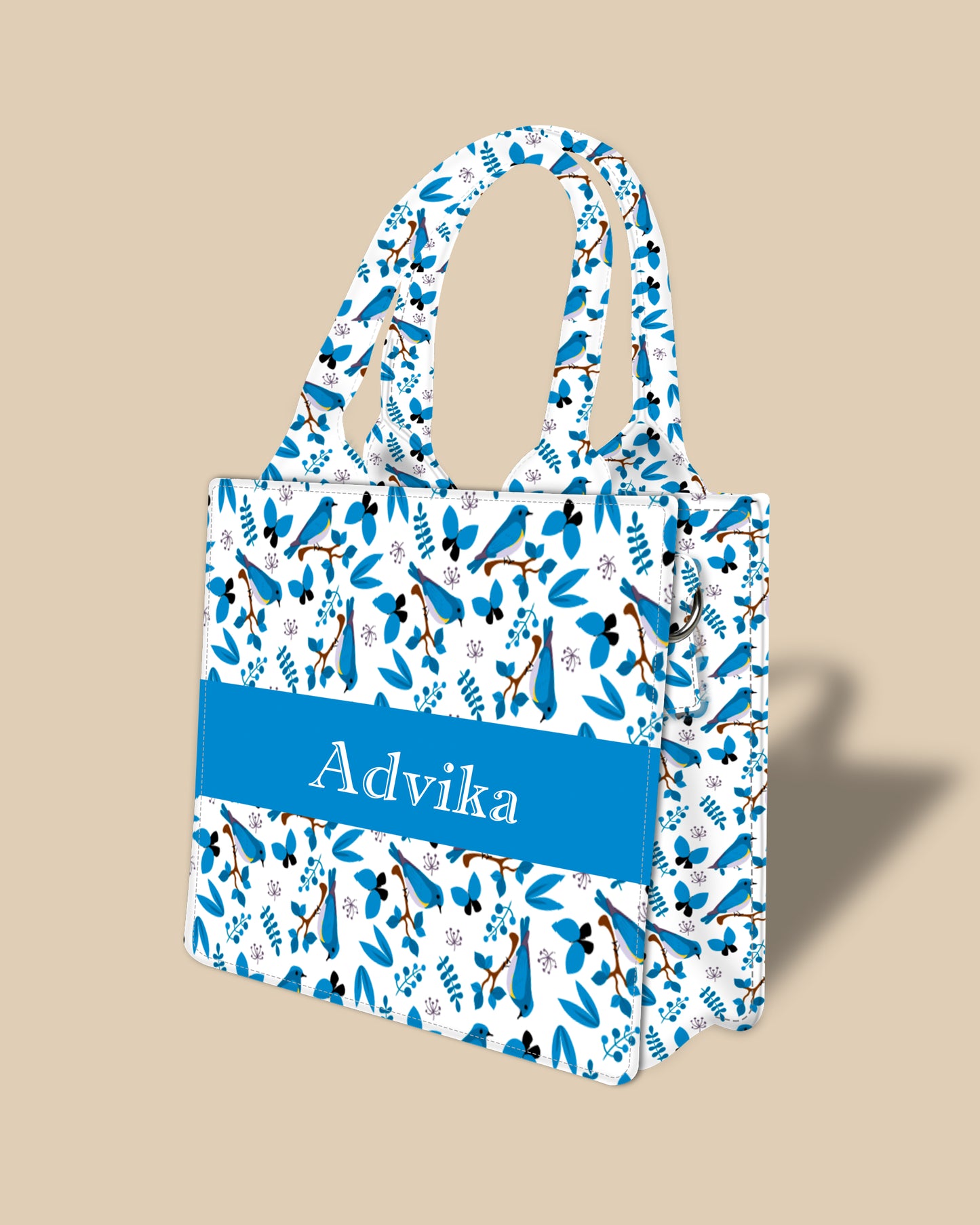 Customized Small Tote Bag Designed with Blue sparrow, Butterfly And Botanical Leaves