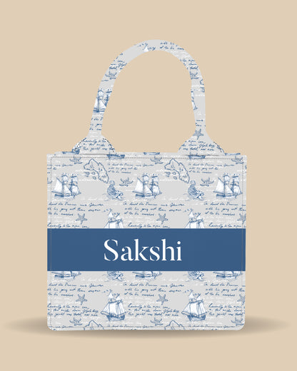 Customized Small Tote Bag Designed with Old caravel, vintage sailboat, sea monster And old lighthouse