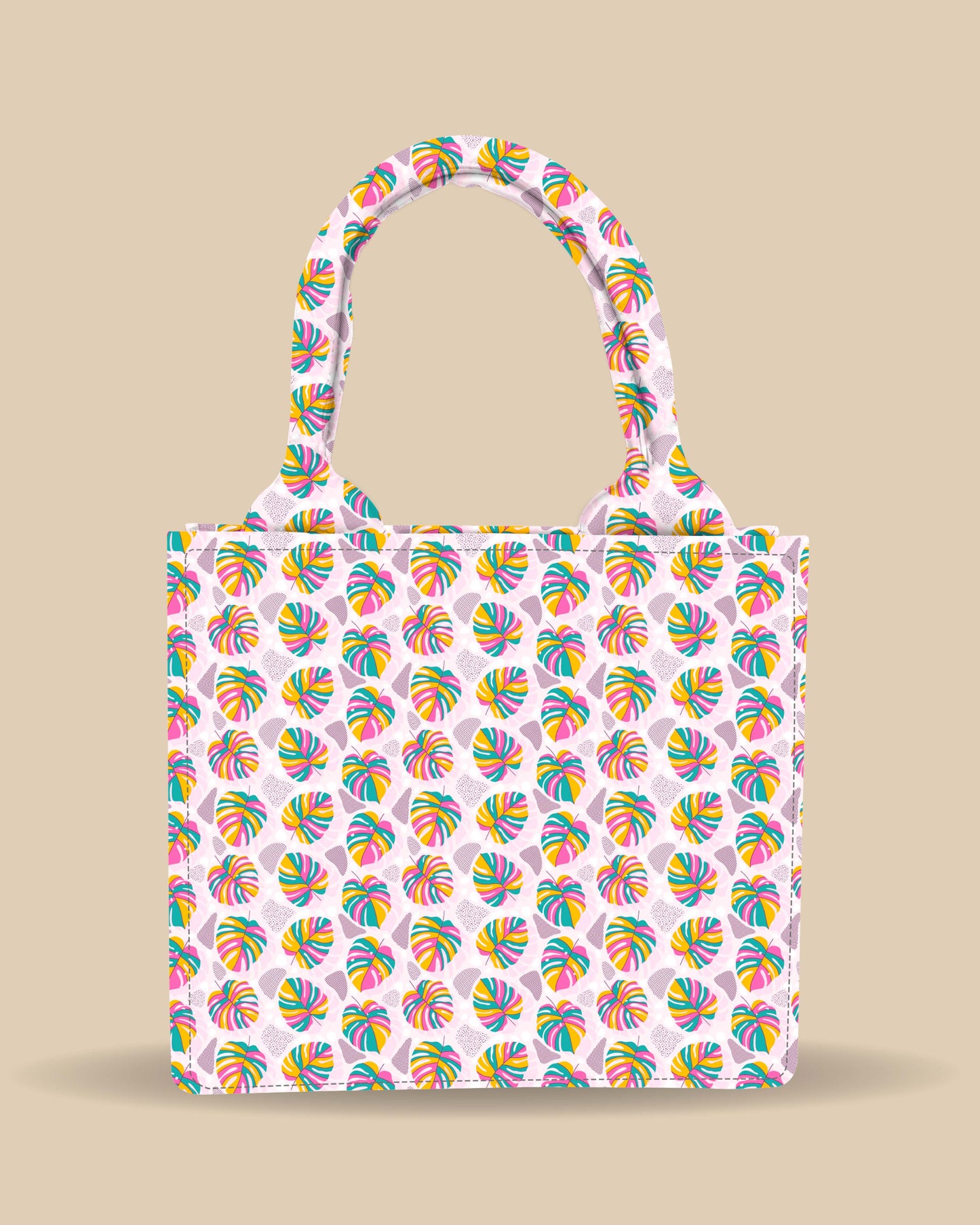 Customized Small Tote Bag Designed with Rainbow Tropical Plam Leaves
