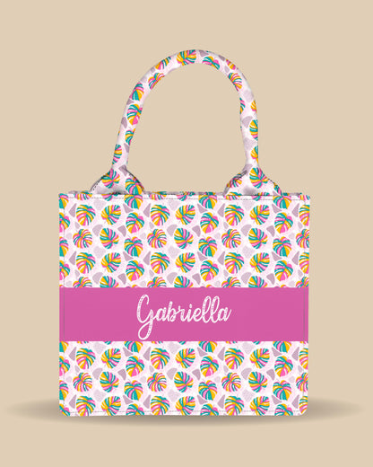 Customized Small Tote Bag Designed with Rainbow Tropical Plam Leaves