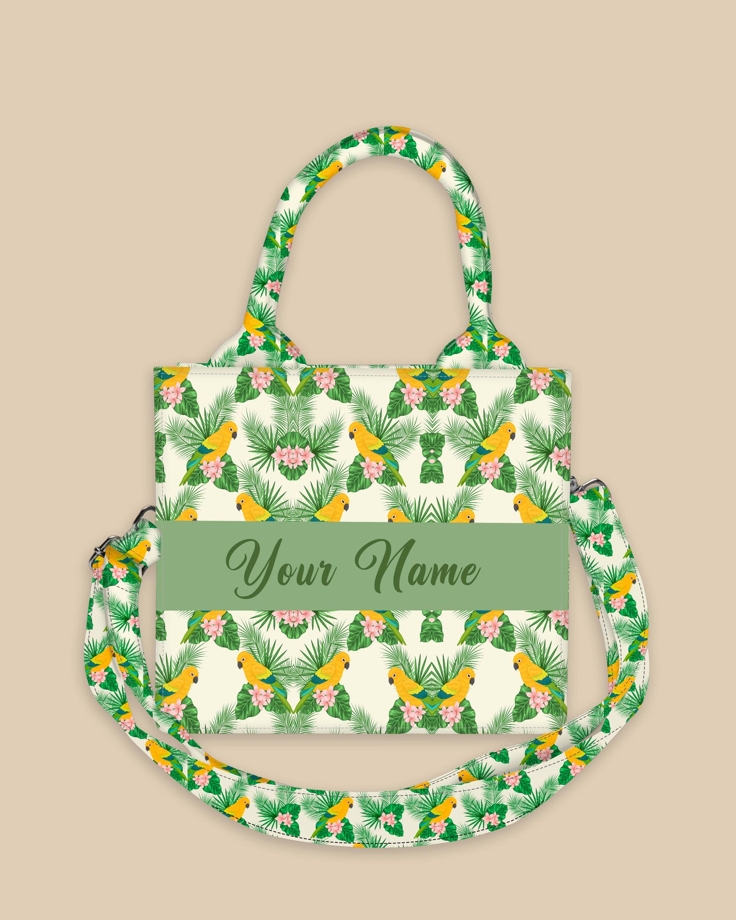 Customized Small Tote Bag Designed with Troppical Greenery And Parrot