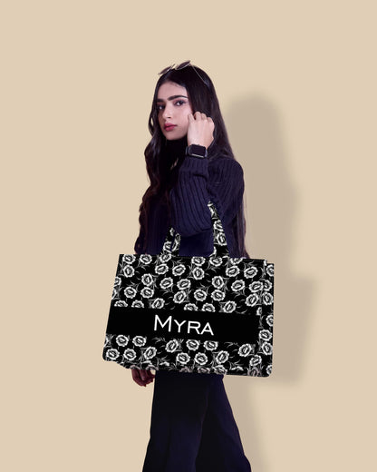 Customized Tote Bag  Designed With Black And White Flowers