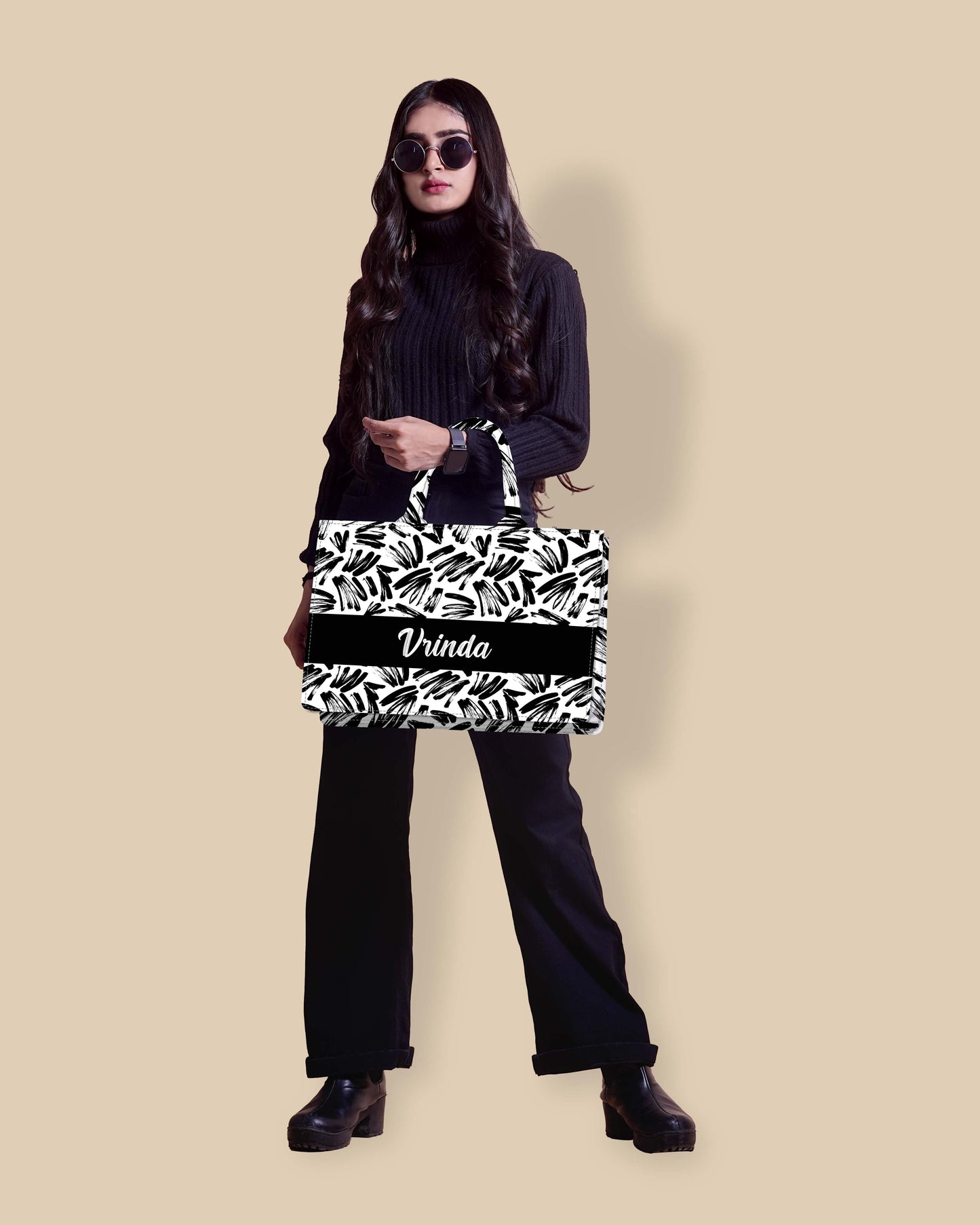 Customized Tote Bag  Designed With Black Brushstrokes Pattern