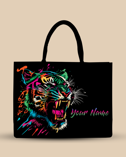 Customized Tote Bag Designed With Colourfull Roaring Bangal Tiger