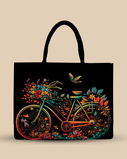 Customized Tote Bag Designed With Growing Nature On Colourfull Bicycle