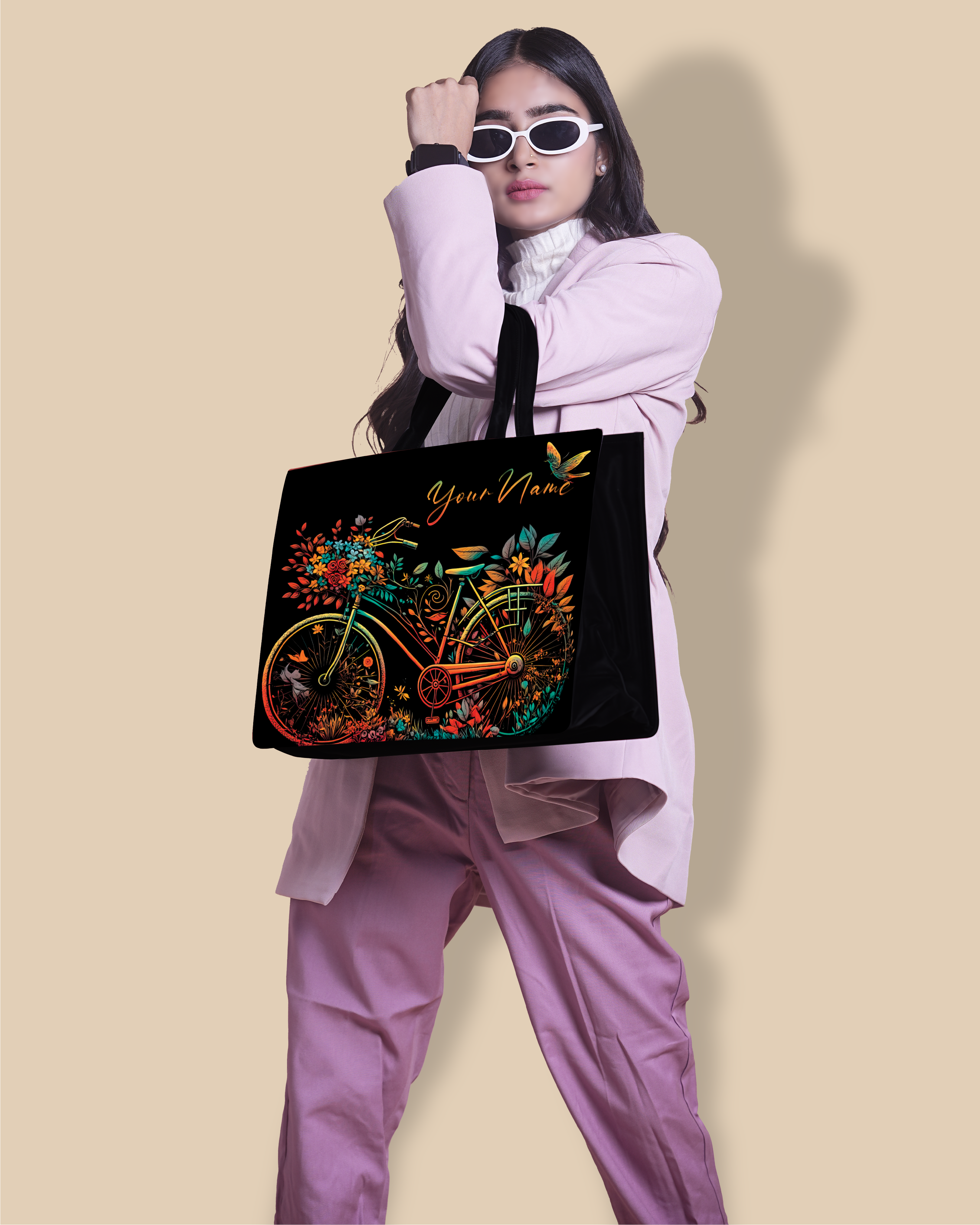 Customized Tote Bag Designed With Growing Nature On Colourfull Bicycle