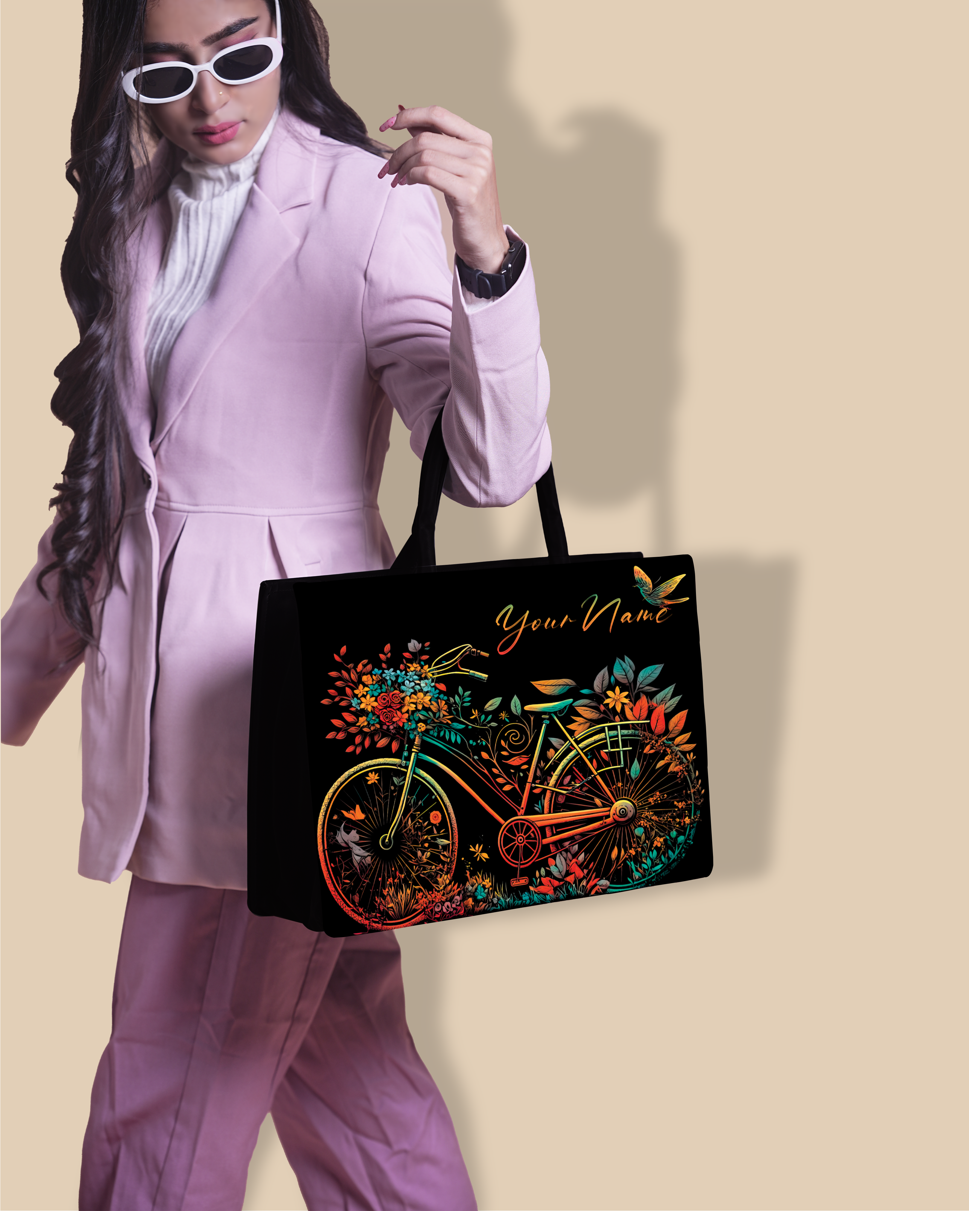 Customized Tote Bag Designed With Growing Nature On Colourfull Bicycle